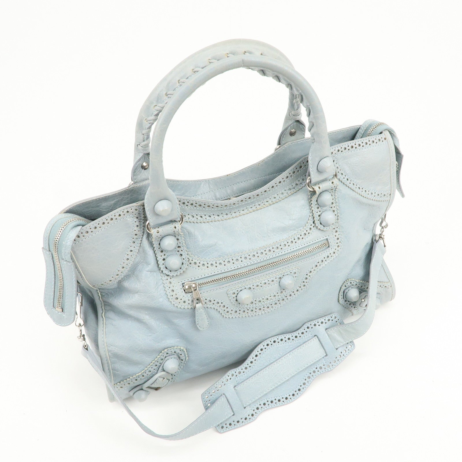 BALENCIAGA Giant City Leather 2Way Shoulder Bag Light Blue 258044