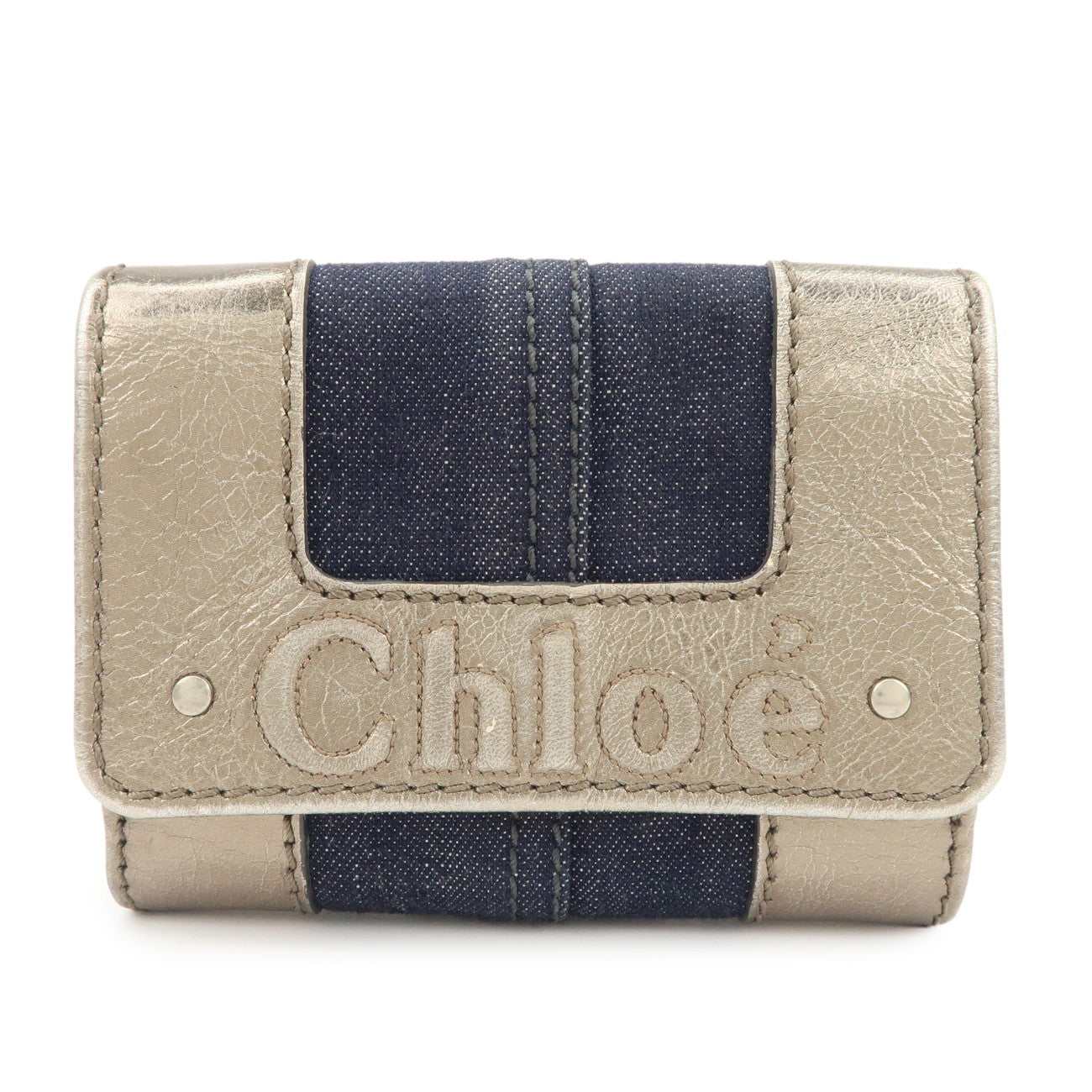 Chloe Harlee Leather Denim Bi-Fold Compact Wallet Silver Blue
