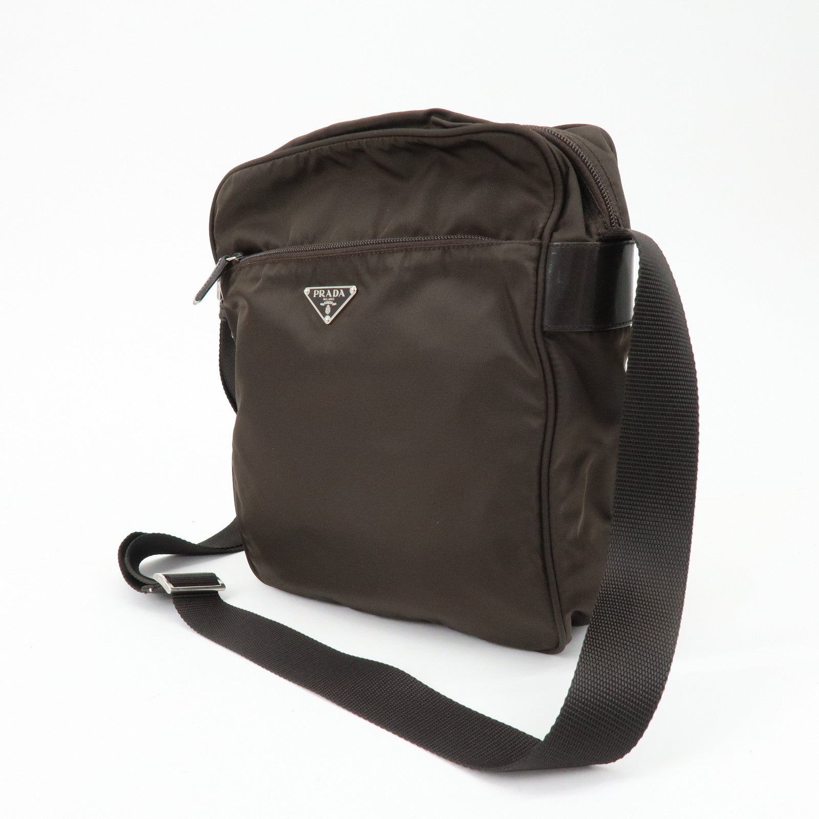 PRADA Triangle Logo Nylon Leather Shoulder Crossbody Bag Brown