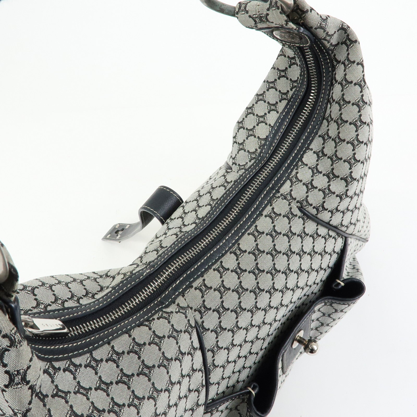 CELINE Macadam Canvas Leather Hand Bag Shoulder Bag Navy