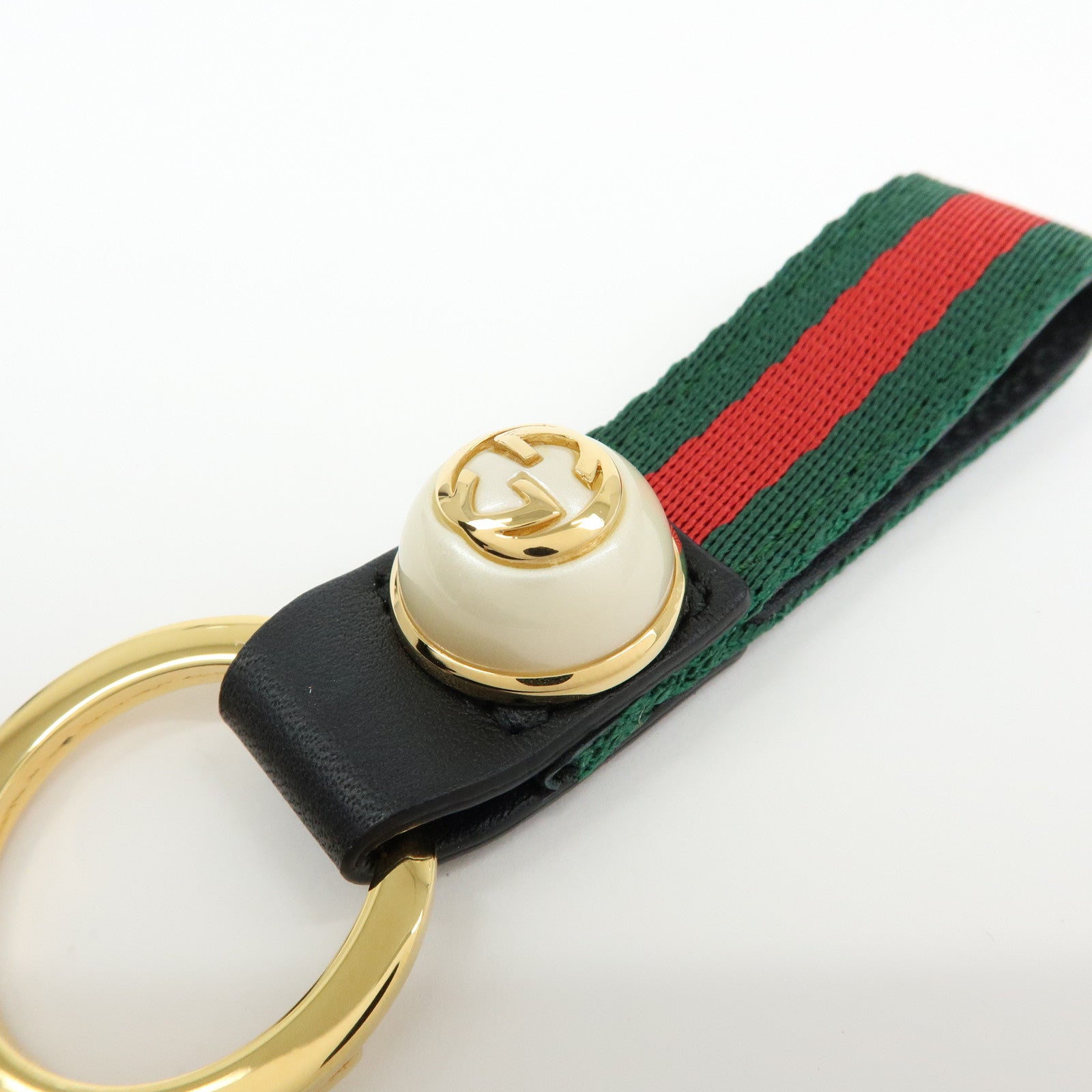 GUCCI Sherry Canvas Leather Bag Charm Key Holder Black 476390