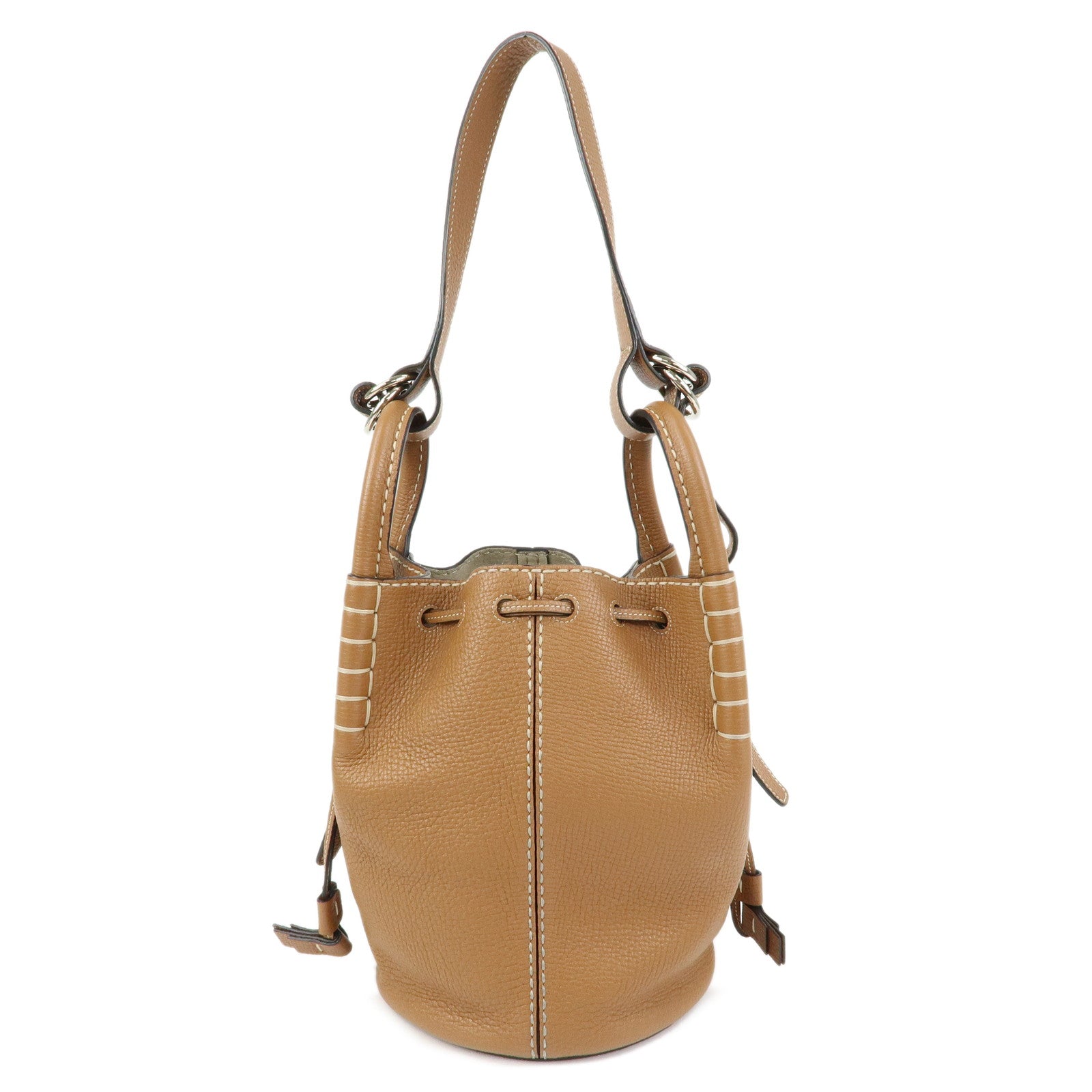 TOD'S T Timeless Leather 2Way Drawstring Bag Hand Bag Light Brown