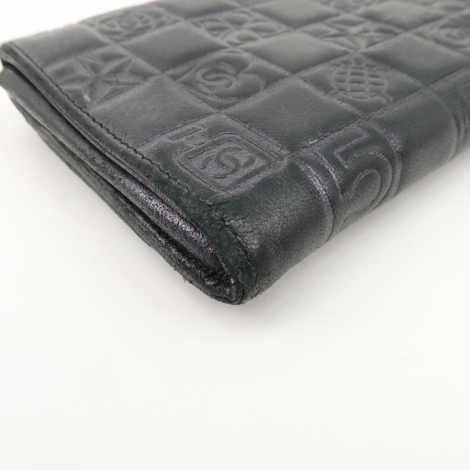 CHANEL Icon Line COCO Mark Lamb Skin Bi-fold Wallet Black Used