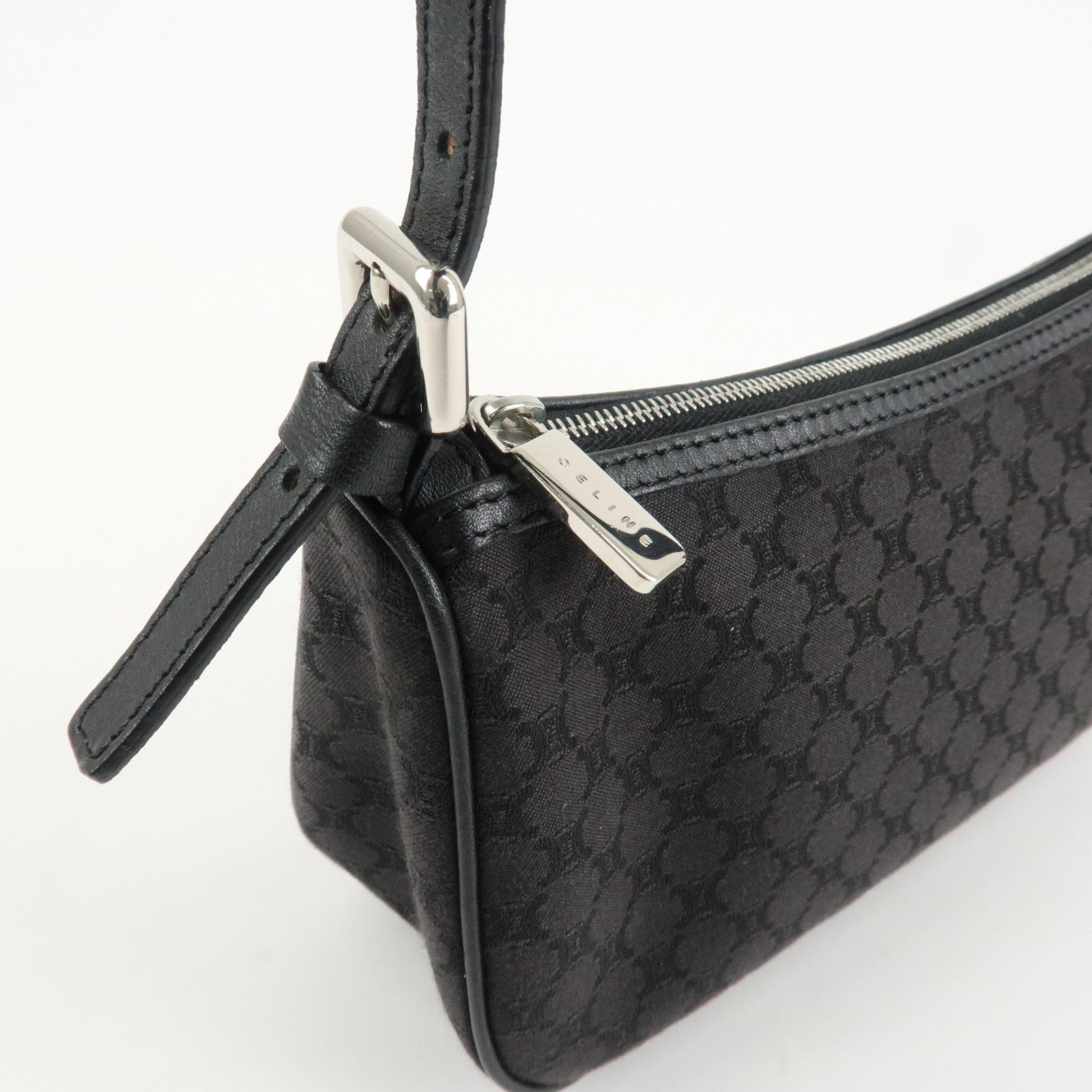 CELINE Macadam Canvas Leather Accessory Pouch Silver HDW Black Used