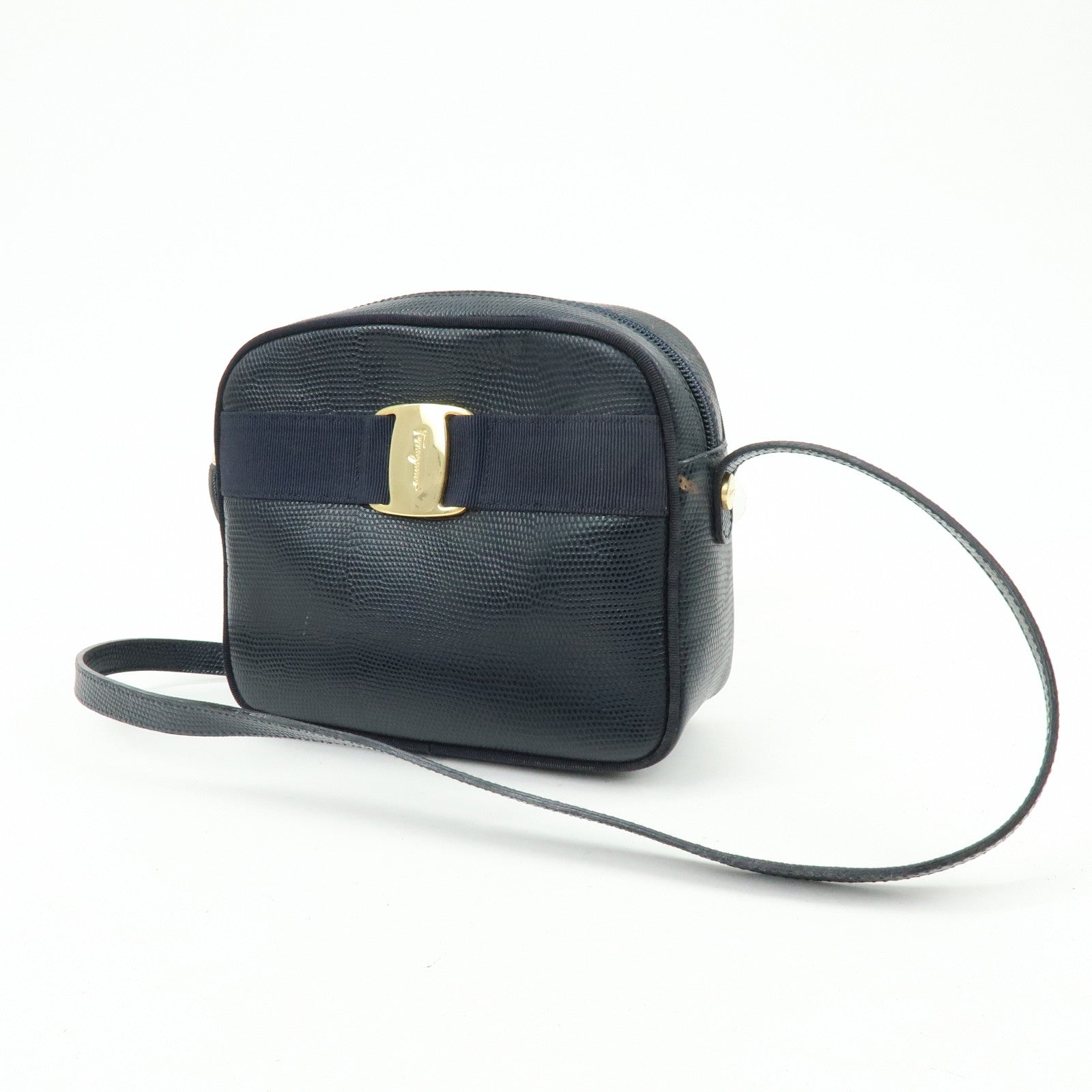 Ferragamo Vara Embossed Leather Shoulder Bag Crossbody Bag Navy