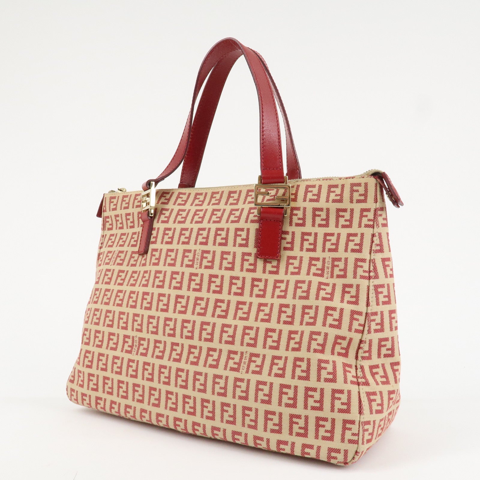 FENDI Zucchino Canvas Leather Hand Bag Beige Red 8BH134 Used