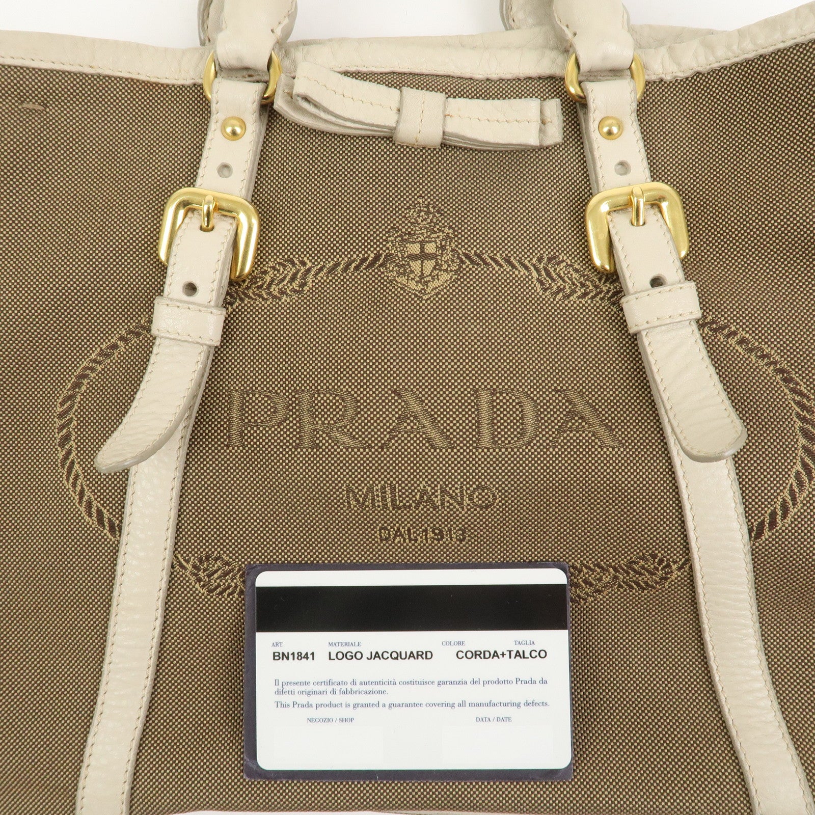PRADA Logo Jacguard Leather 2Way Tote Bag Brown Ivory BN1841