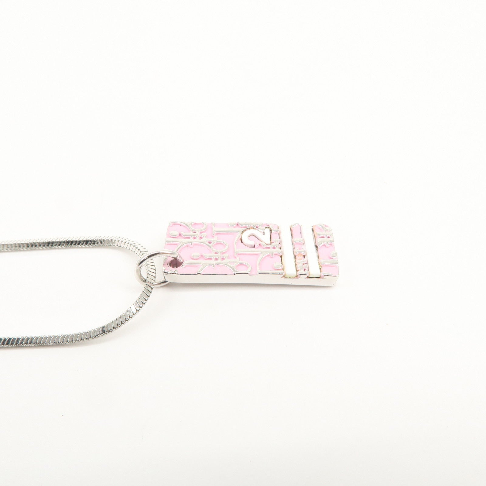Christian Dior Trotter Logo Metal Necklace Pink Silver