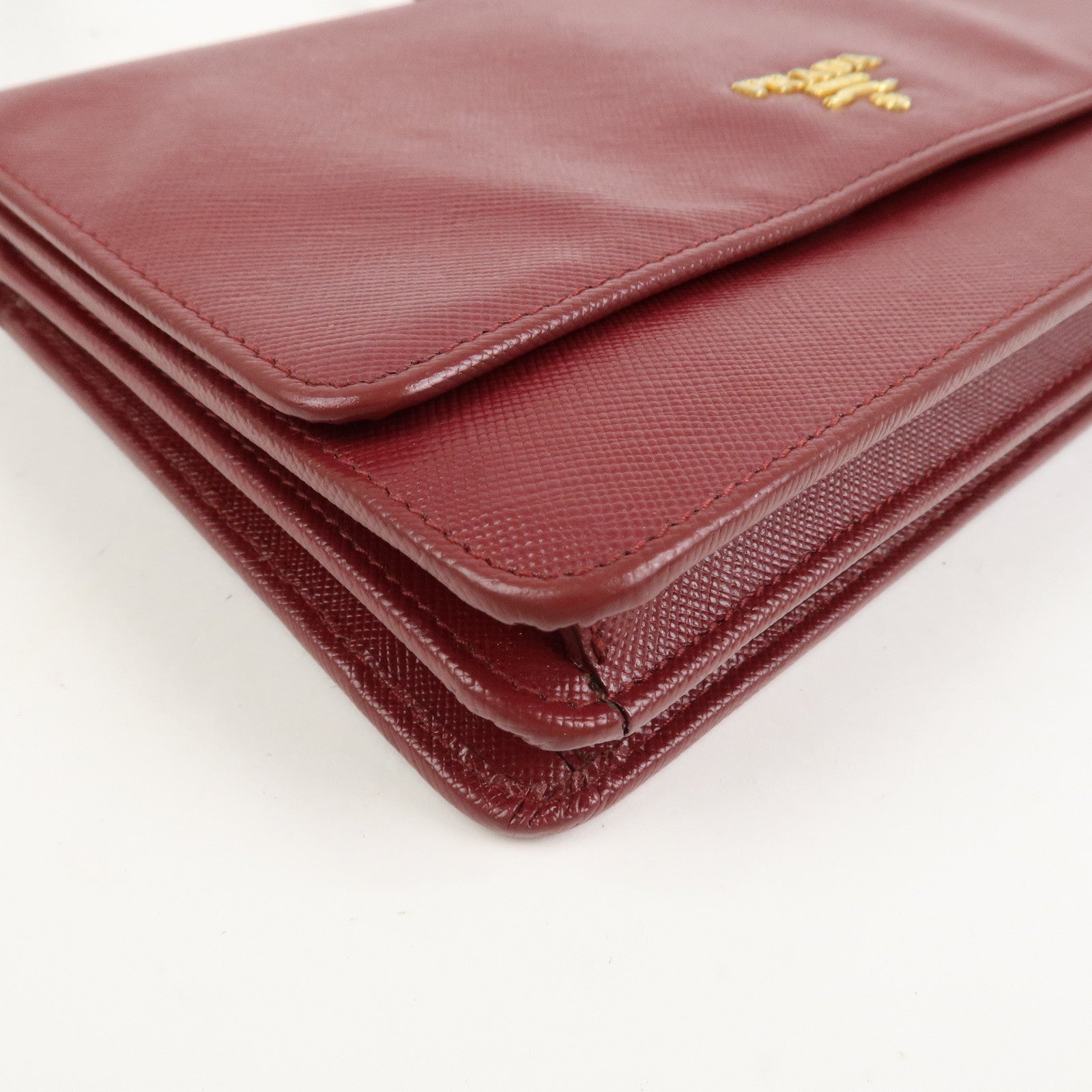 PRADA Saffiano Leather Shoulder Wallet Red Gold BT1019
