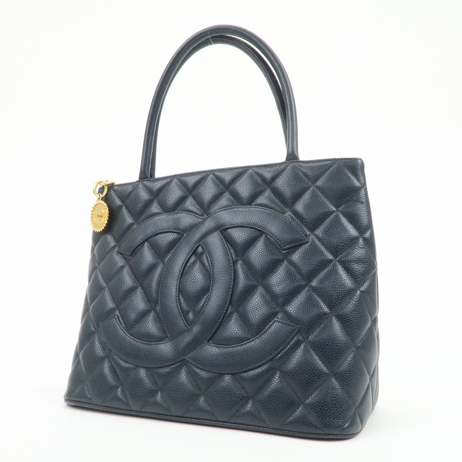 CHANEL COCO Mark Matelasse Medallion Tote Bag Hand Bag Navy A01804