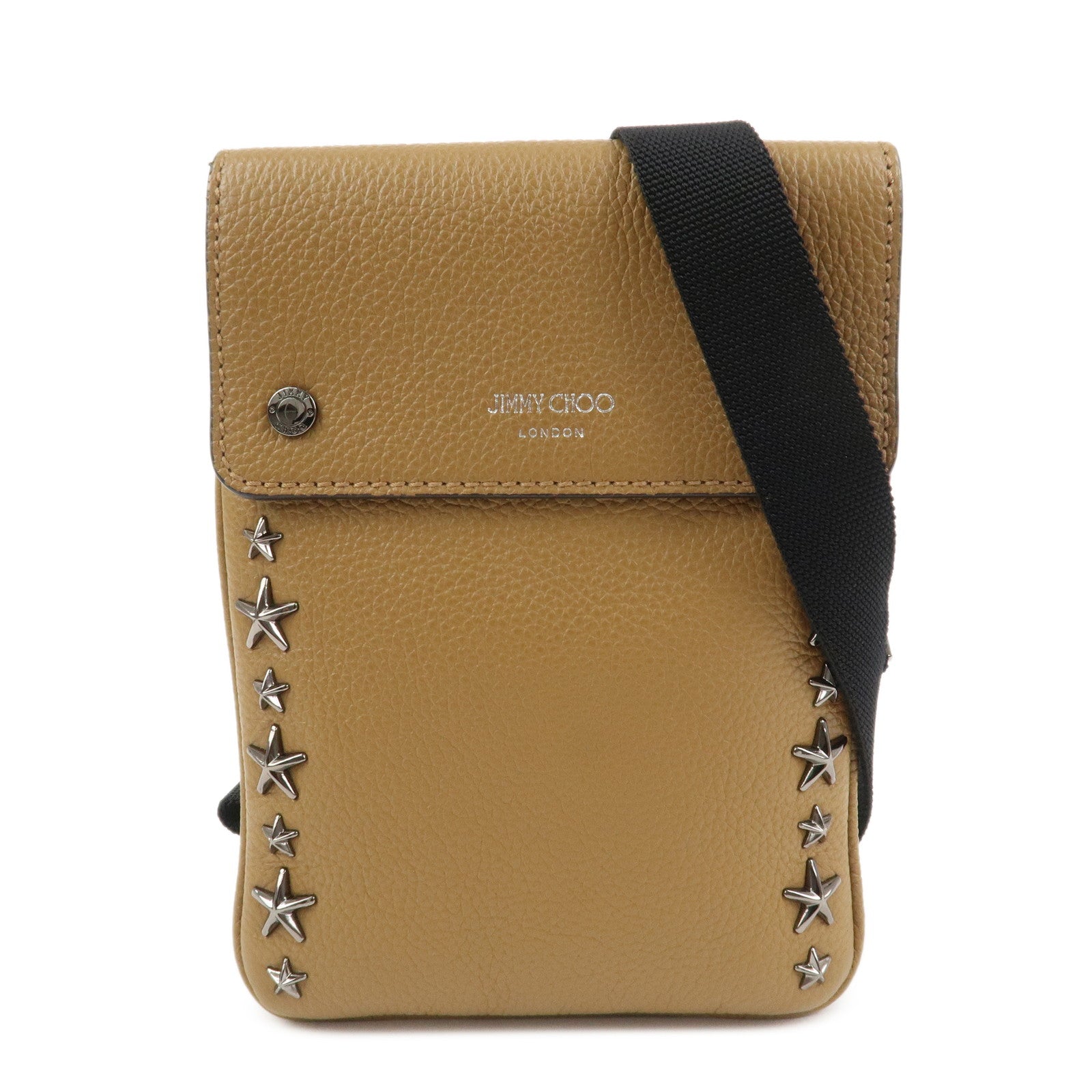 JIMMY CHOO Leather KIMI MESSANGER Studs Shoulder Bag Brown