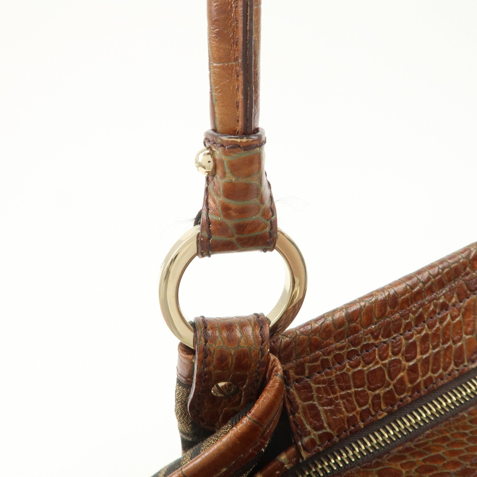 FENDI Zucca Gathered Canvas Leather Shoulder Bag Tote Bag 8BH186