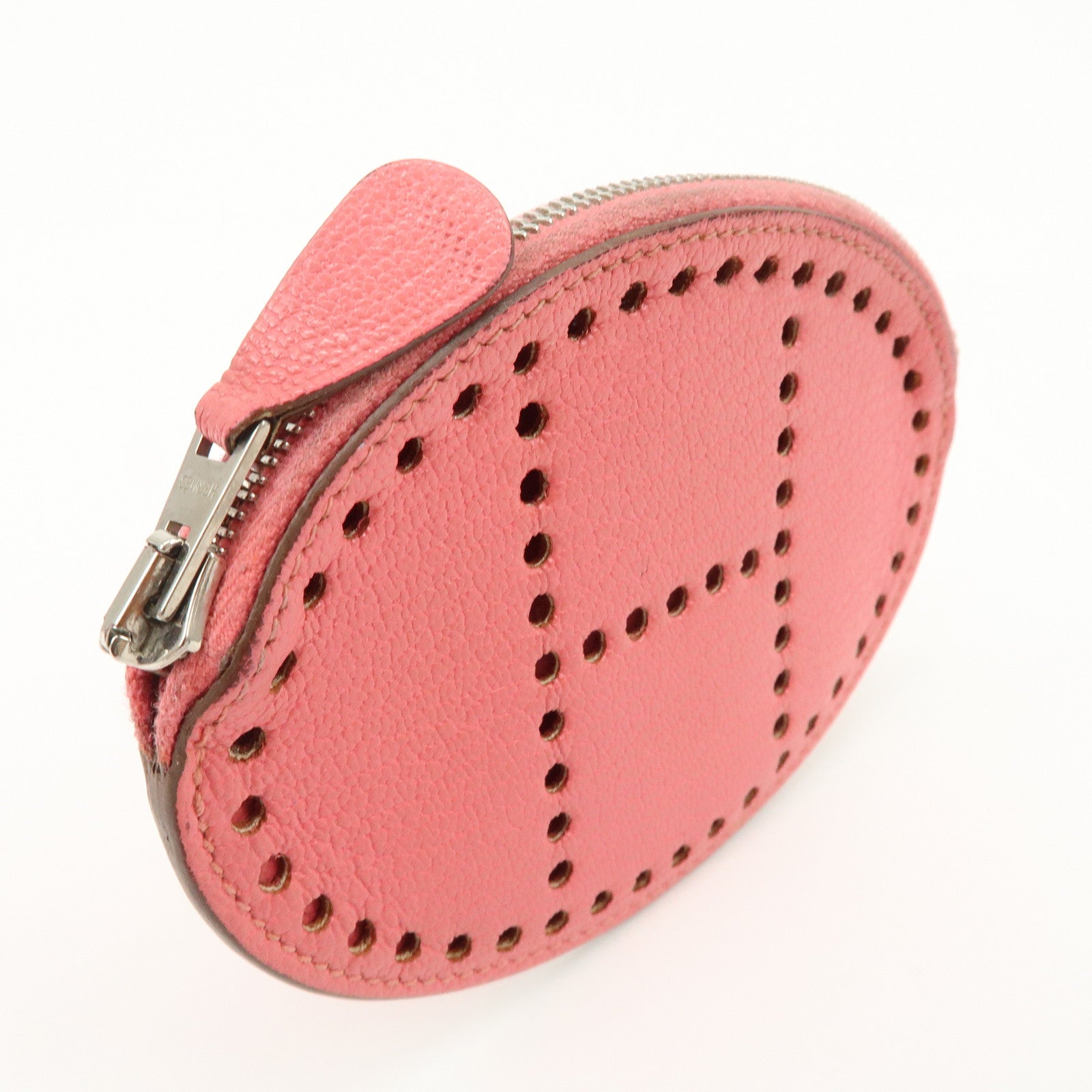 HERMES Leather Evelyne Coin Case P Engraved Rose Azalee Silver HDW