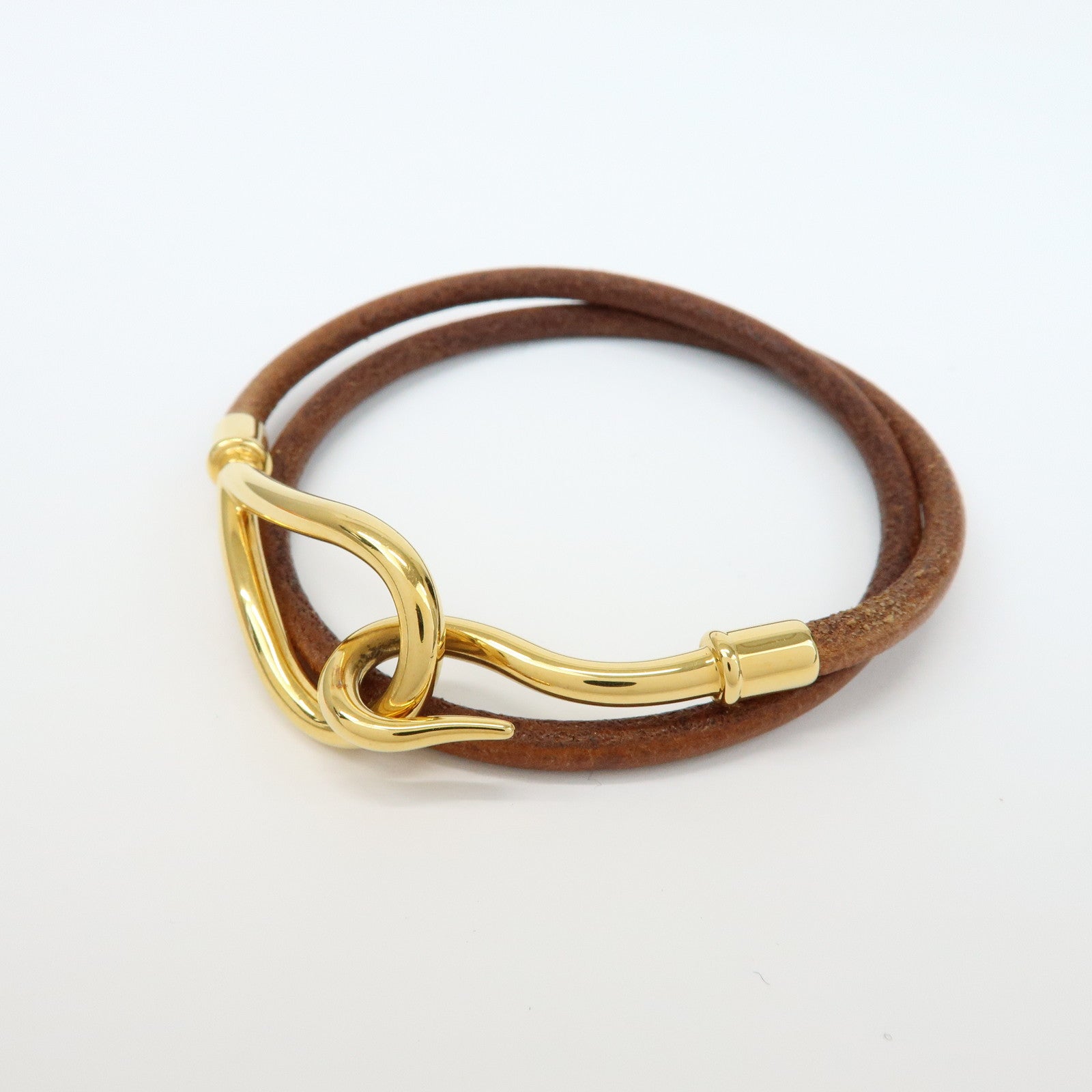 HERMES Set of 2 Jumbo Choker Leather Bracelet Brown Gold Silver