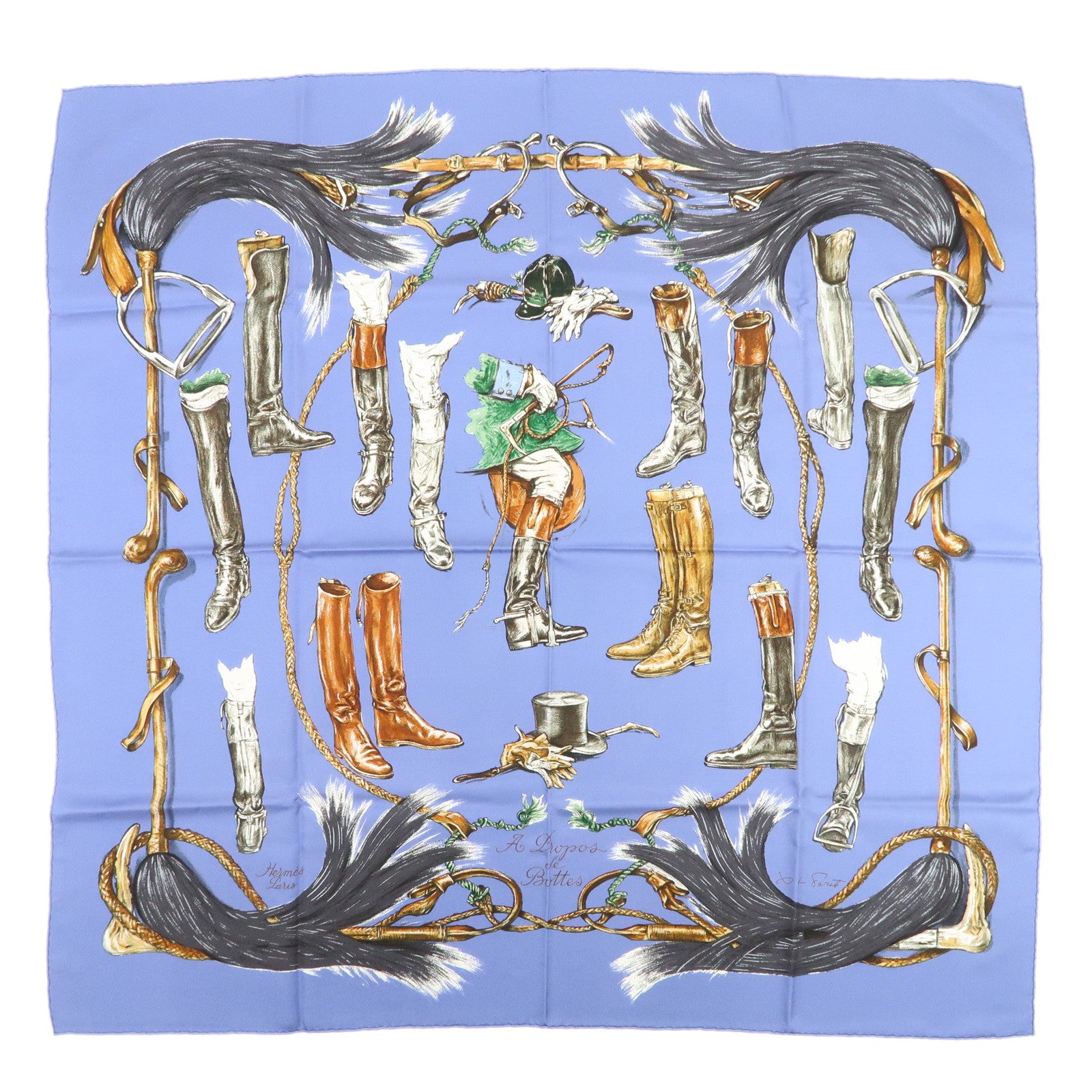 HERMES Carre 90 Silk 100% Scarf A Propos de Bottes Blue