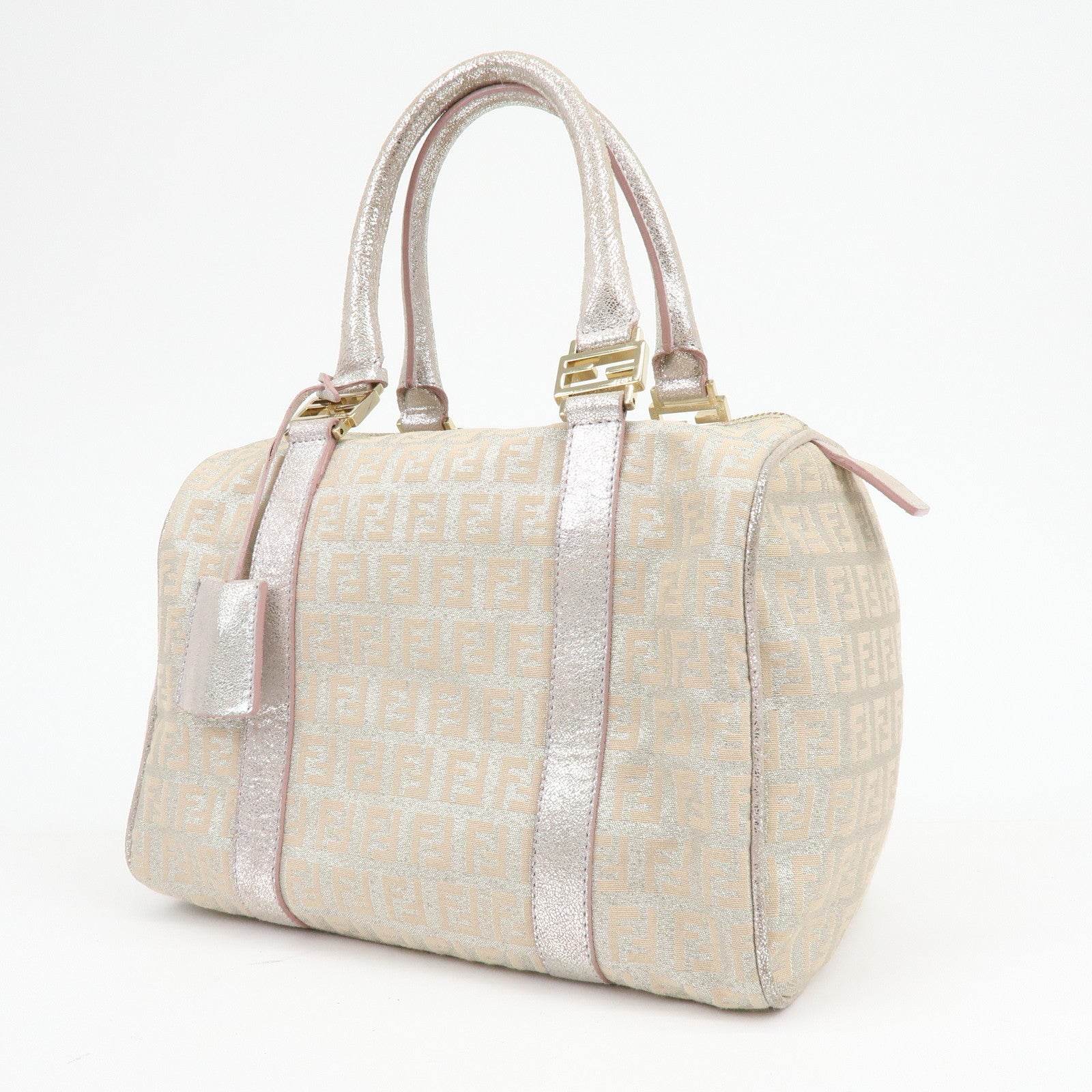 FENDI Zucchino Canvas Leather Mini Boston Bag Silver Beige 8BL068