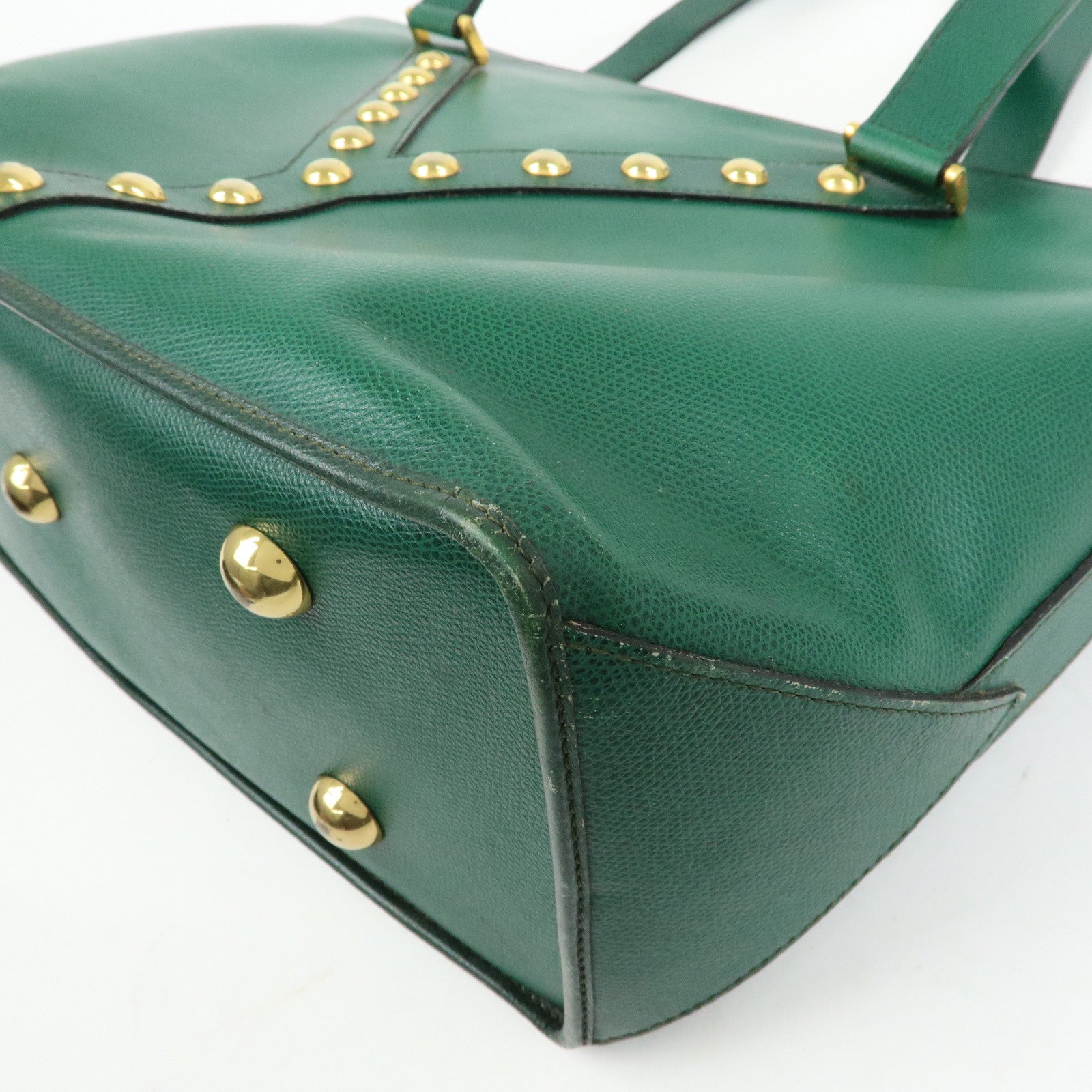 SAINT LAURENT PARIS Y Line Leather Studs Tote Shoulder Bag Green