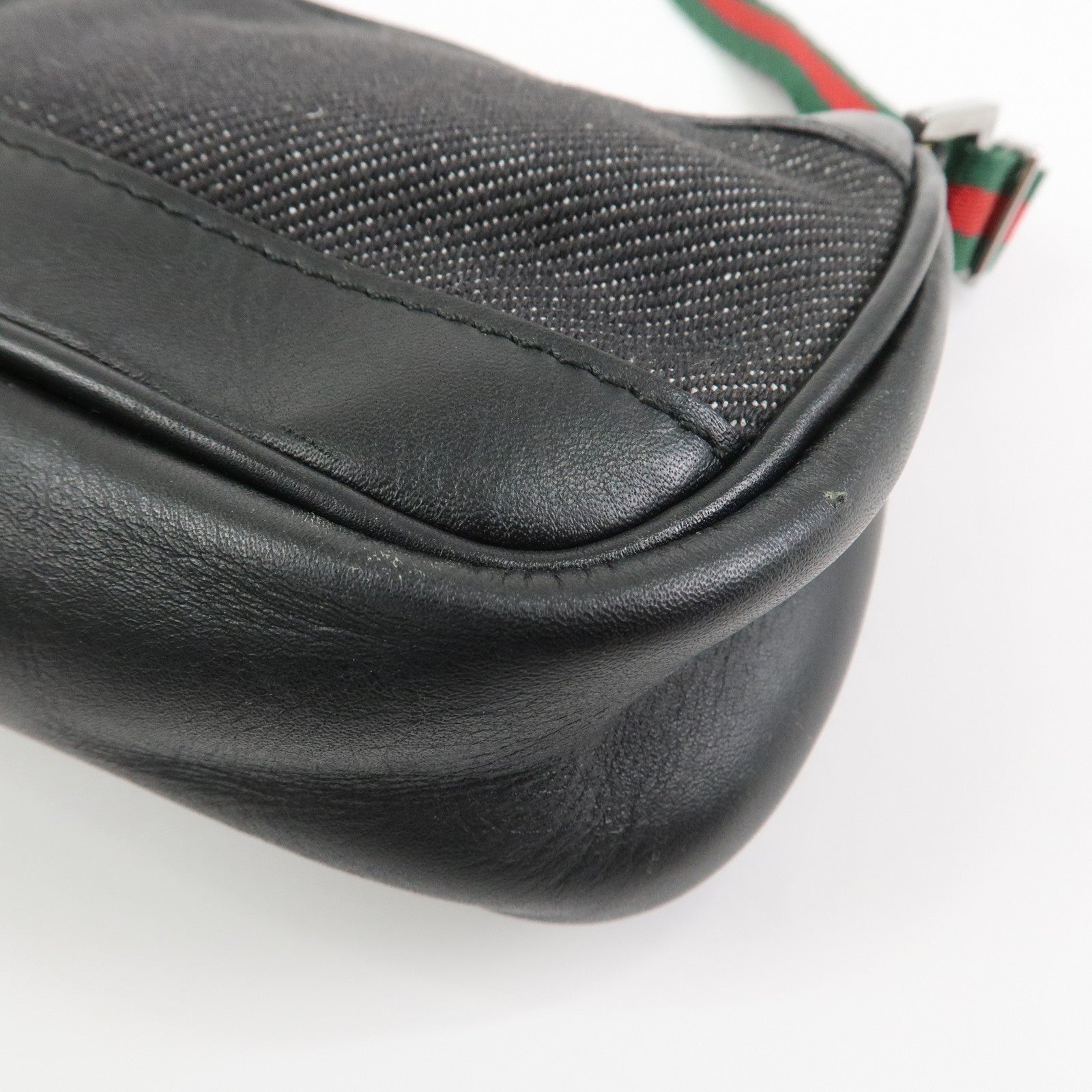 GUCCI Sherry Denim Leather Accessory Pouch Hand Bag Black 92820