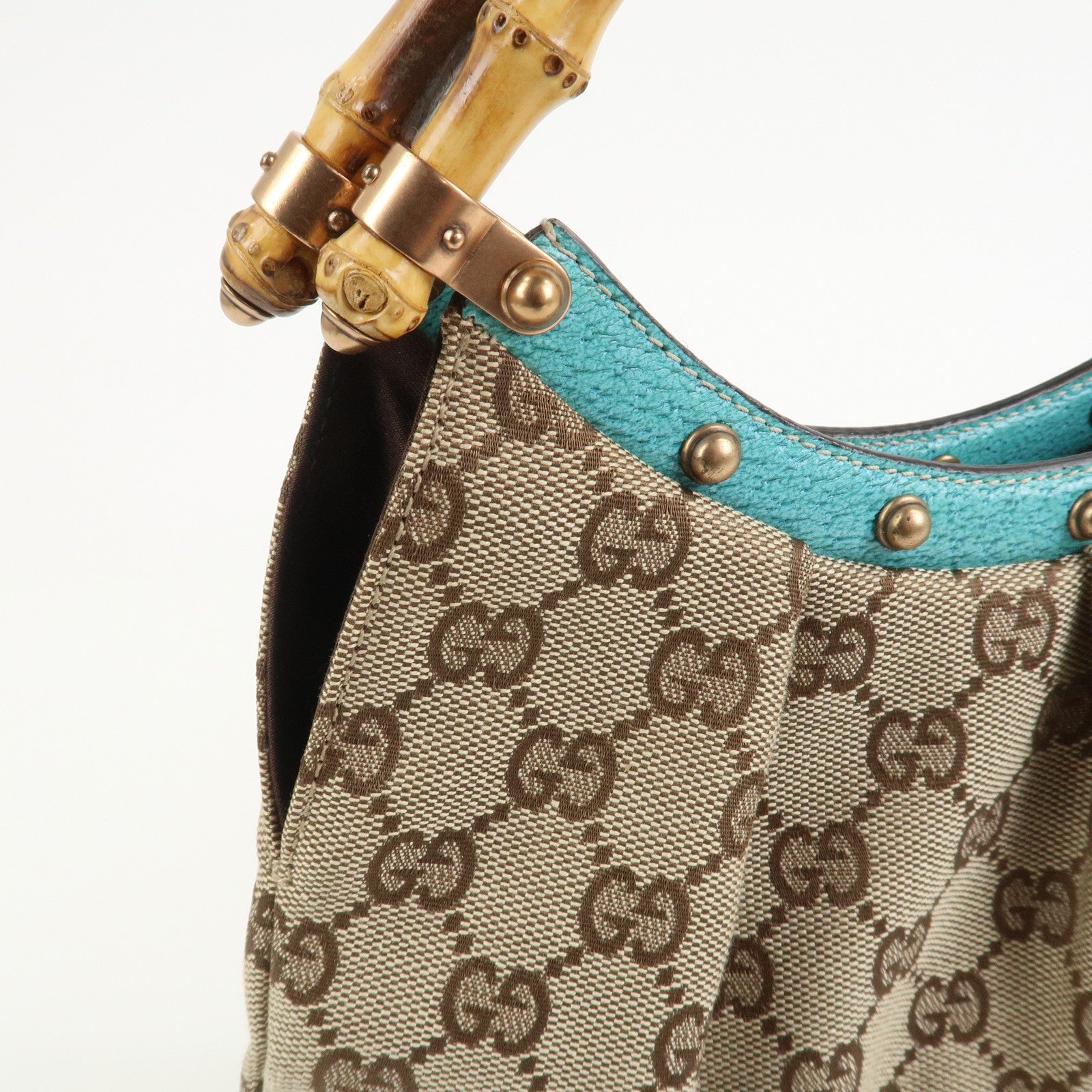 GUCCI Bamboo GG Canvas Leather Hand Bag Brown Light Blue 124297