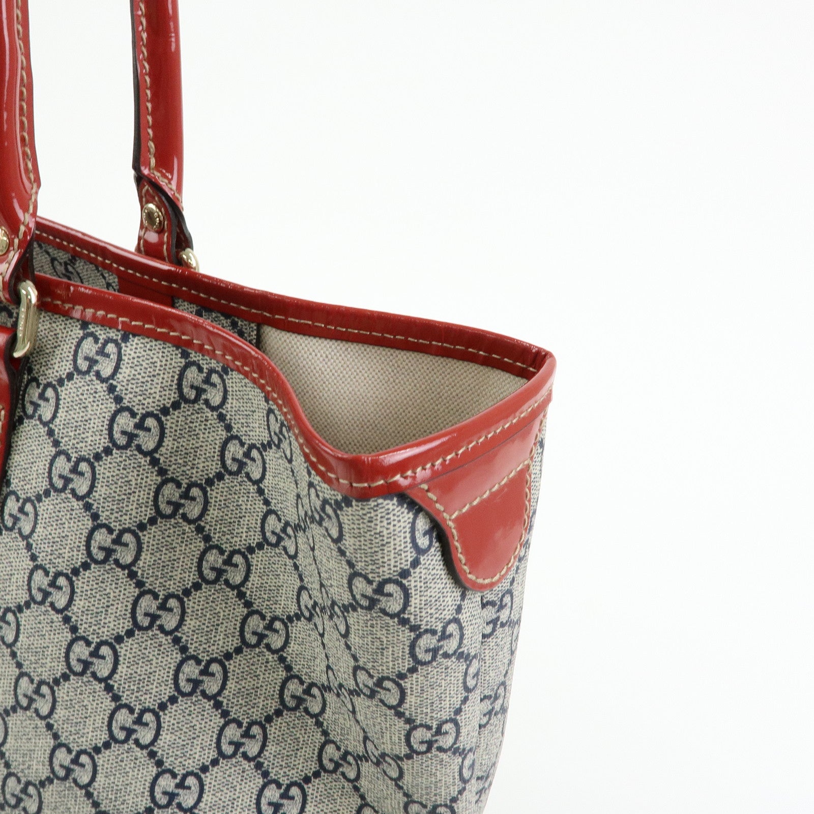 GUCCI JOY Collection GG Supreme Patent Leather Tote Bag Navy Red