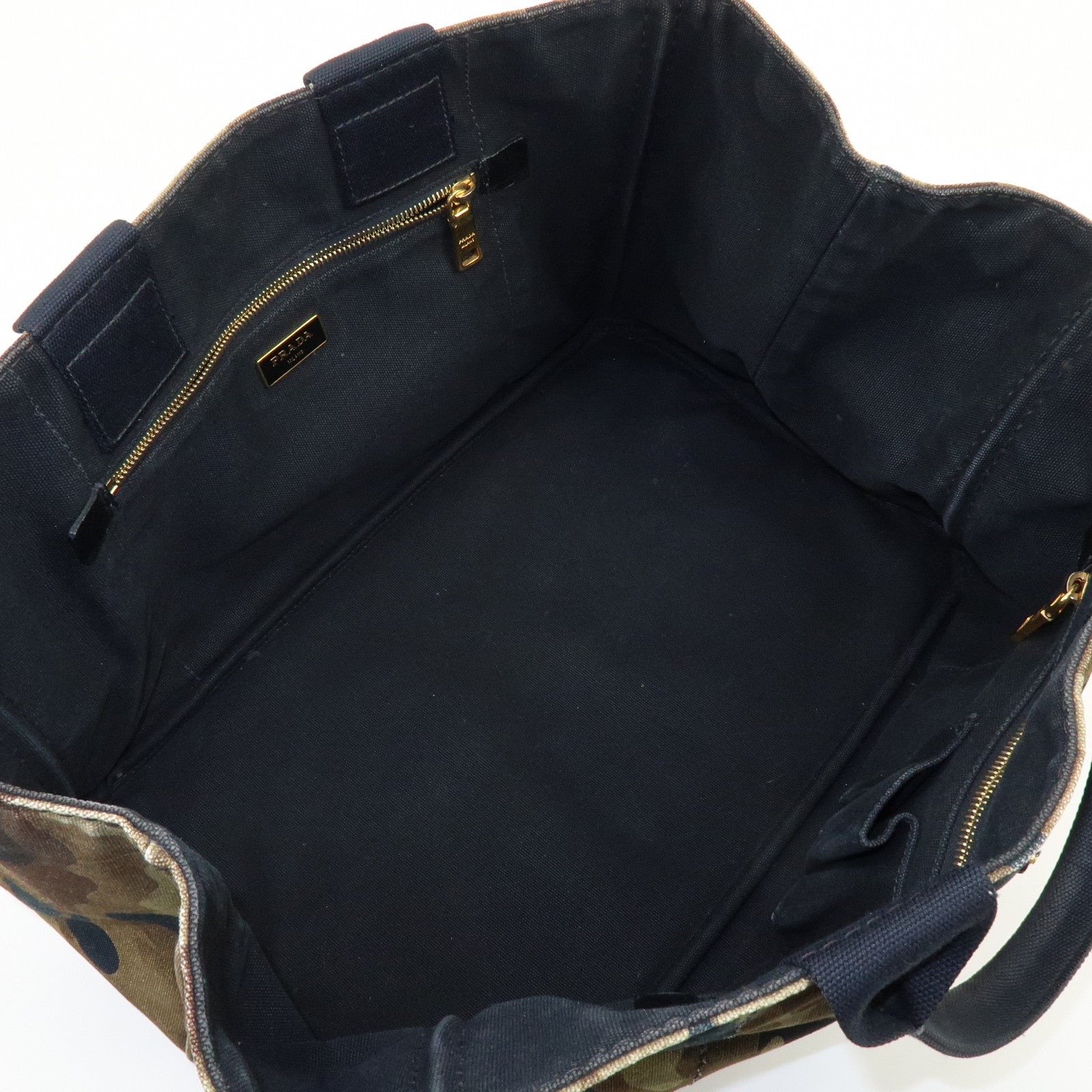 PRADA Canapa Large Tote Bag Hand Bag Khaki Black Brown BN1872