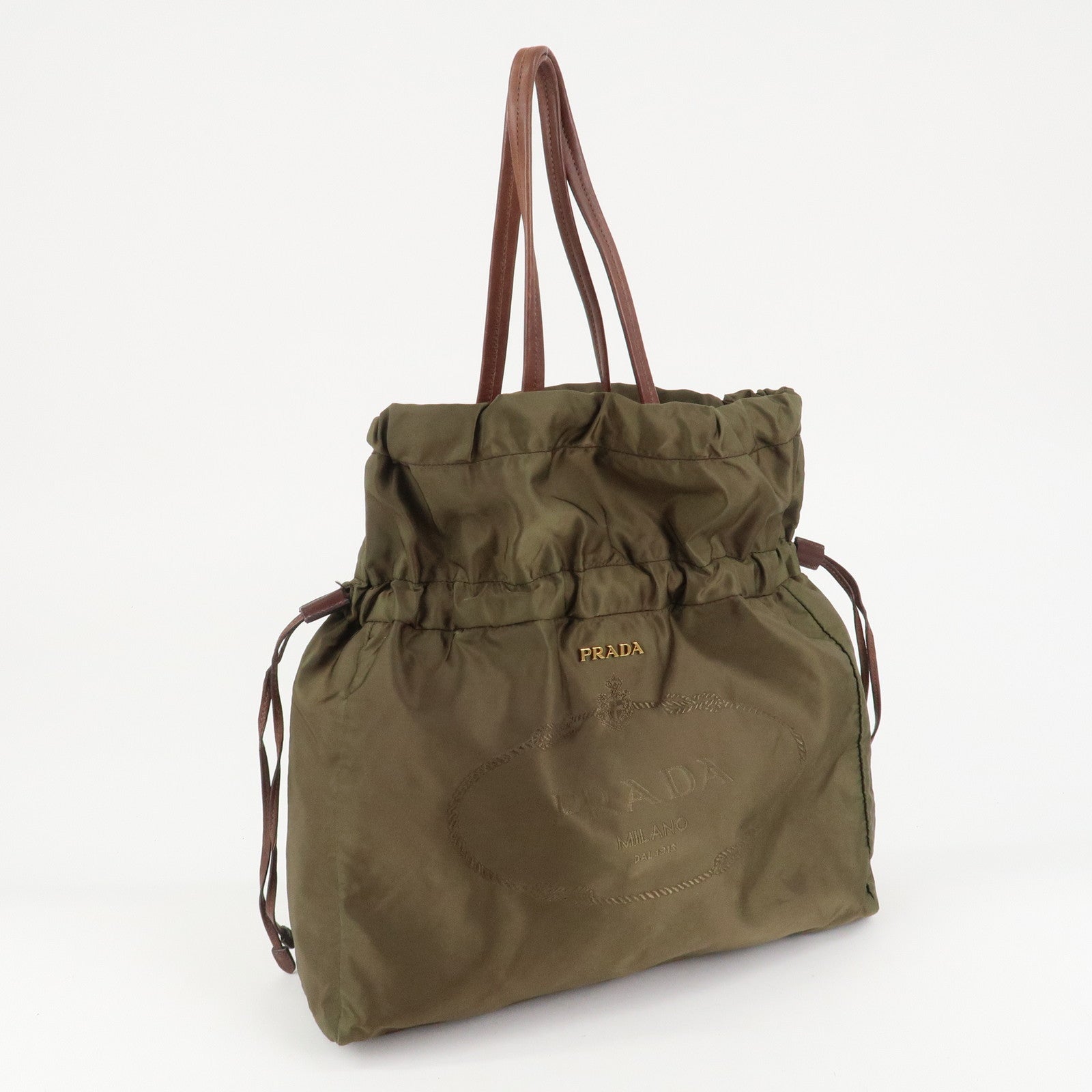 PRADA Logo Nylon Leather Drawstring Tote Bag Shoulder Bag Brown