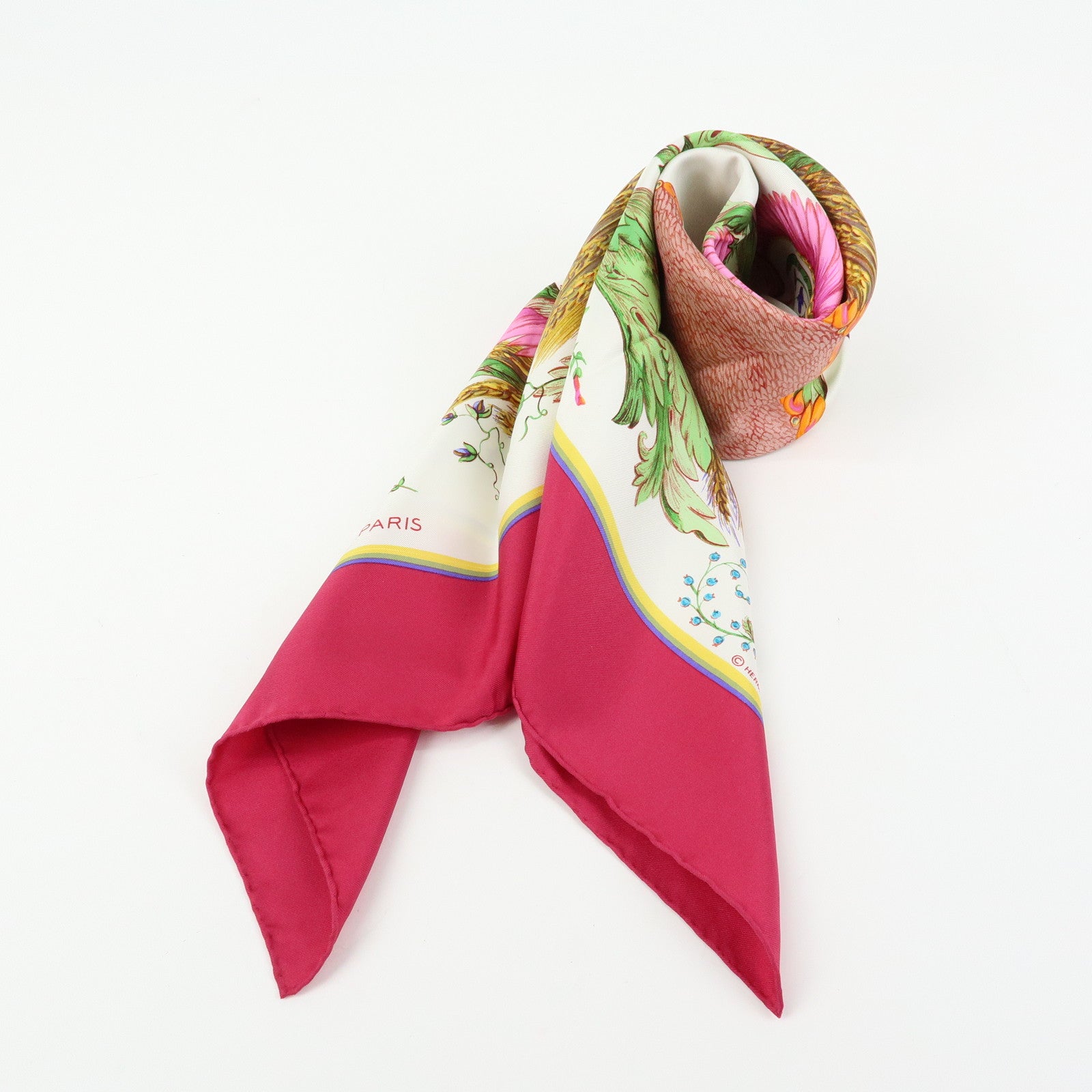 HERMES Carre 90 Silk 100% Scarf CERES White Pink Yellow Green