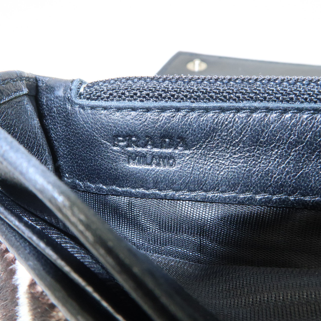 PRADA Unborn Carf Leather Bi-Fold Long Wallet Brown White
