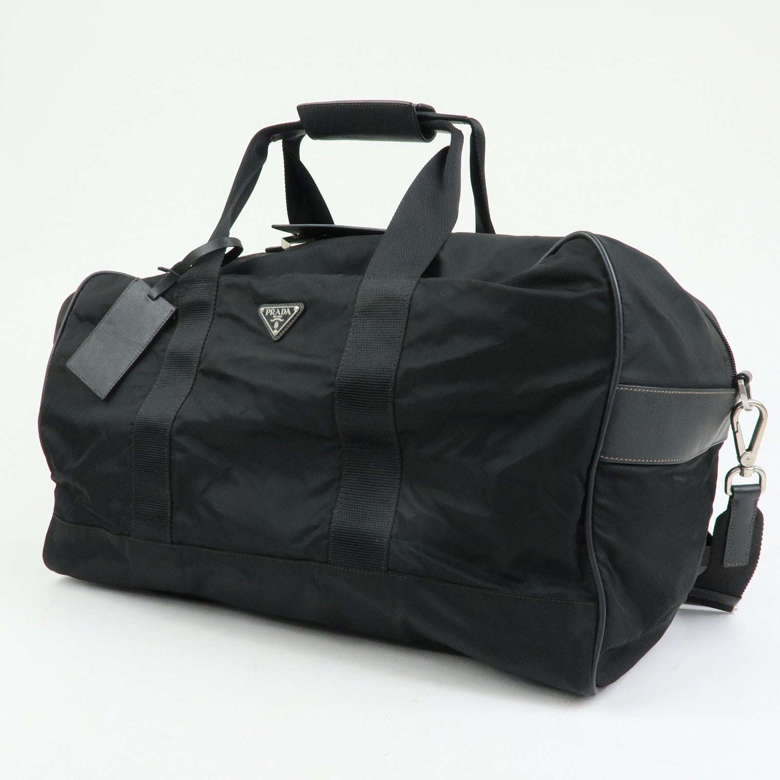 PRADA Triangle Logo Nylon Leather Boston Bag Travel Bag Black