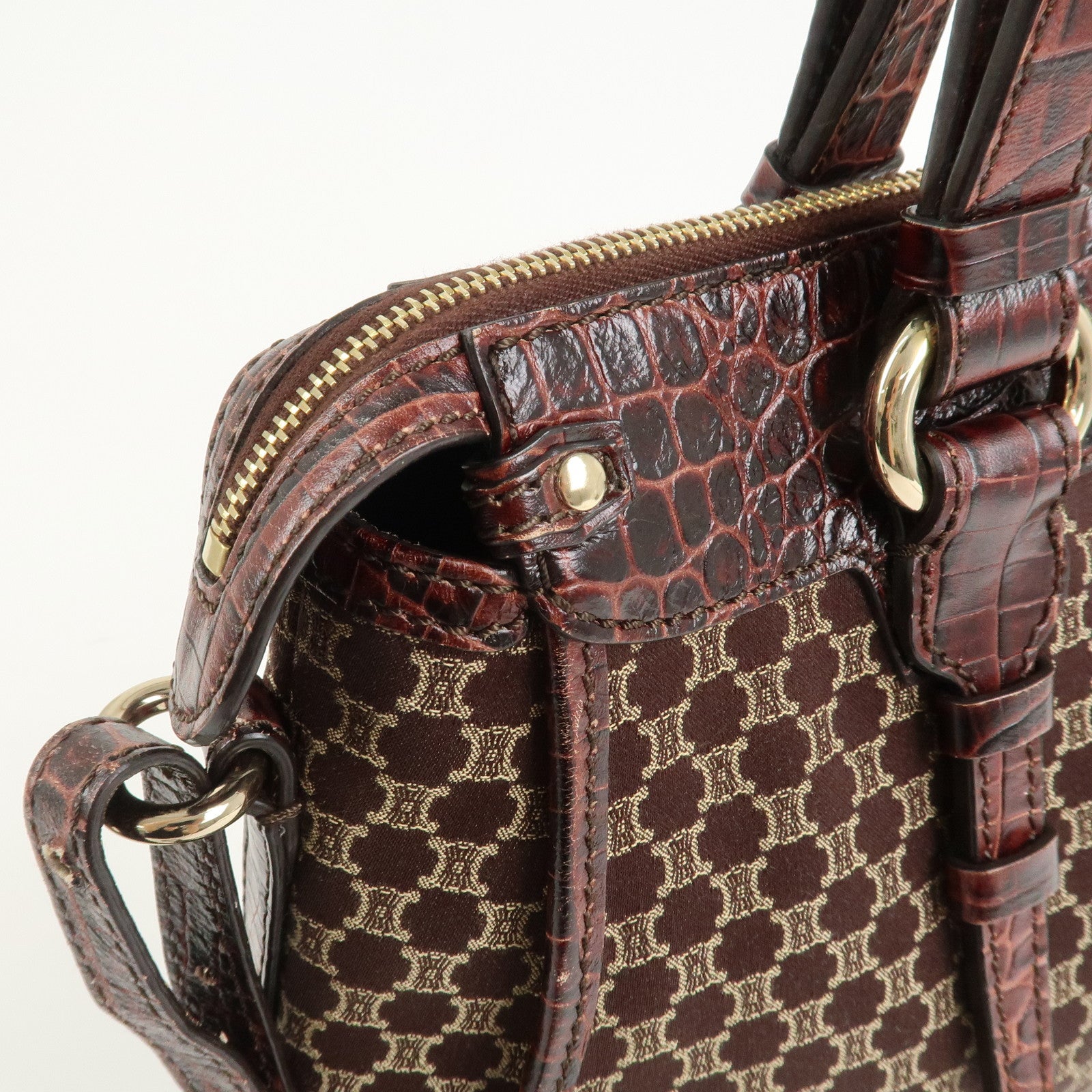 CELINE Macadam Canvas Emboss Leather 2 Way Bag Hand Bag Brown