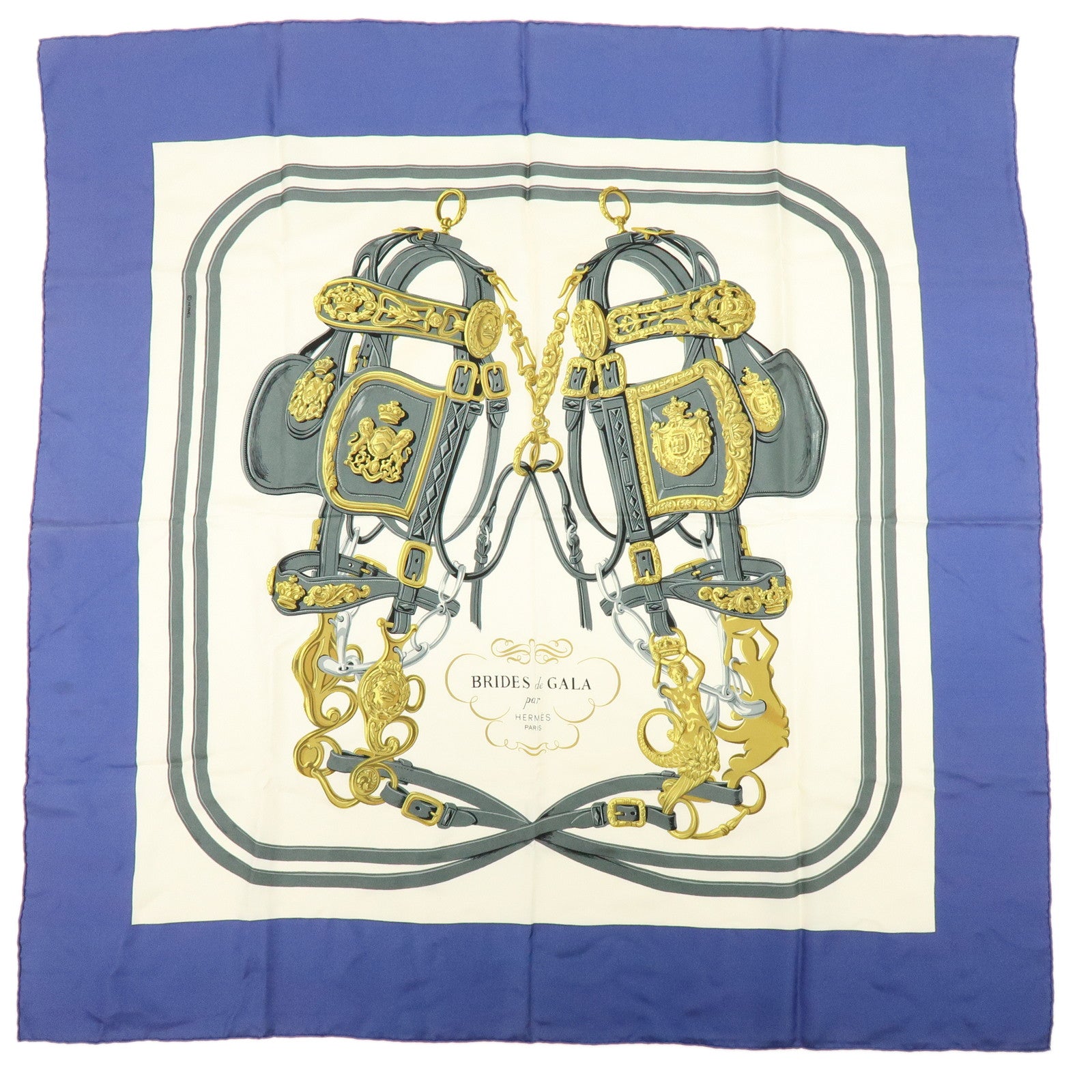 HERMES Carre 90 Silk 100% BRIDES DE GALA Scarf Ivory Blue