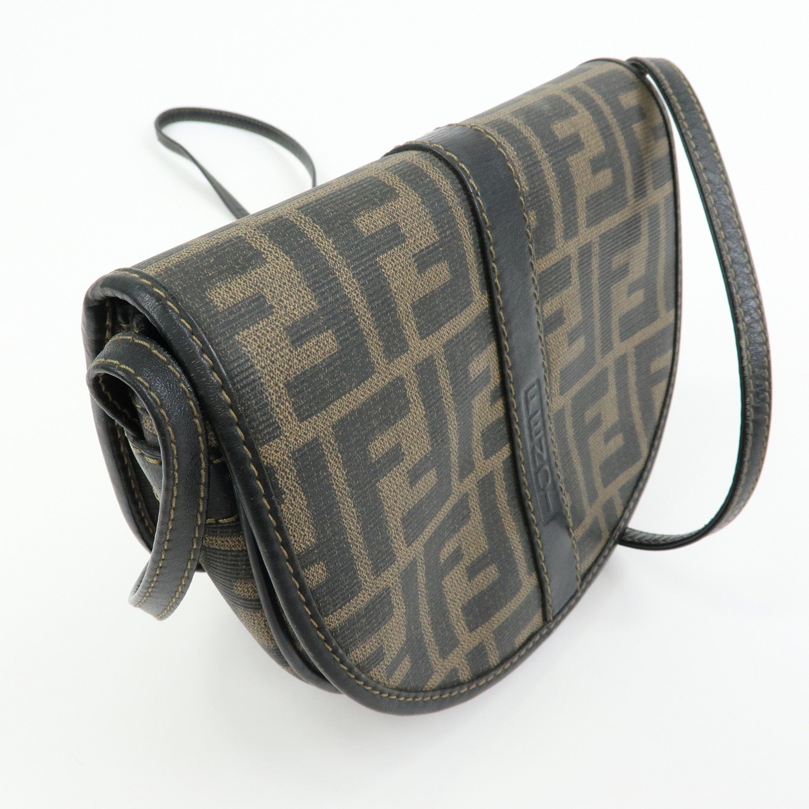 FENDI Zucca PVC Leather Canvas Shoulder Bag Brown Black