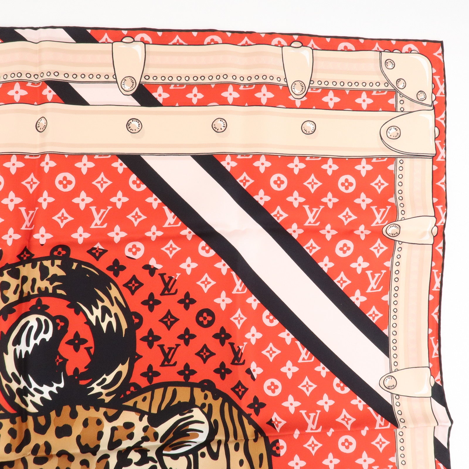 Louis Vuitton Monogram Carre Animal Silk 100% Scarf Red Beige M70693 Used