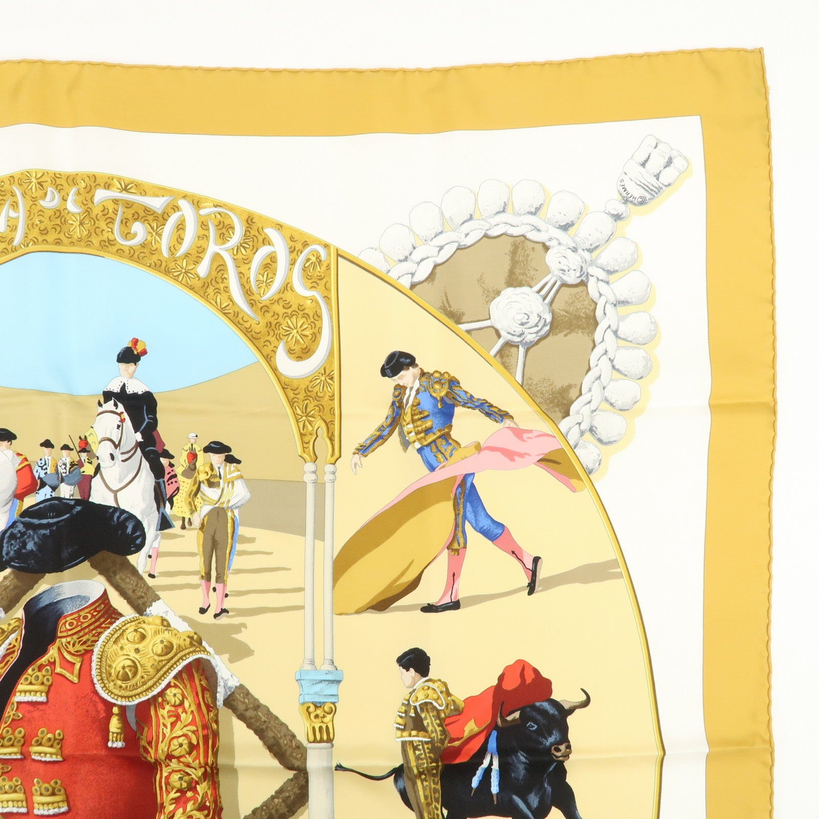 HERMES Carre 90 Silk 100% Scarf Plaza de Toros Bullring Gold Beige