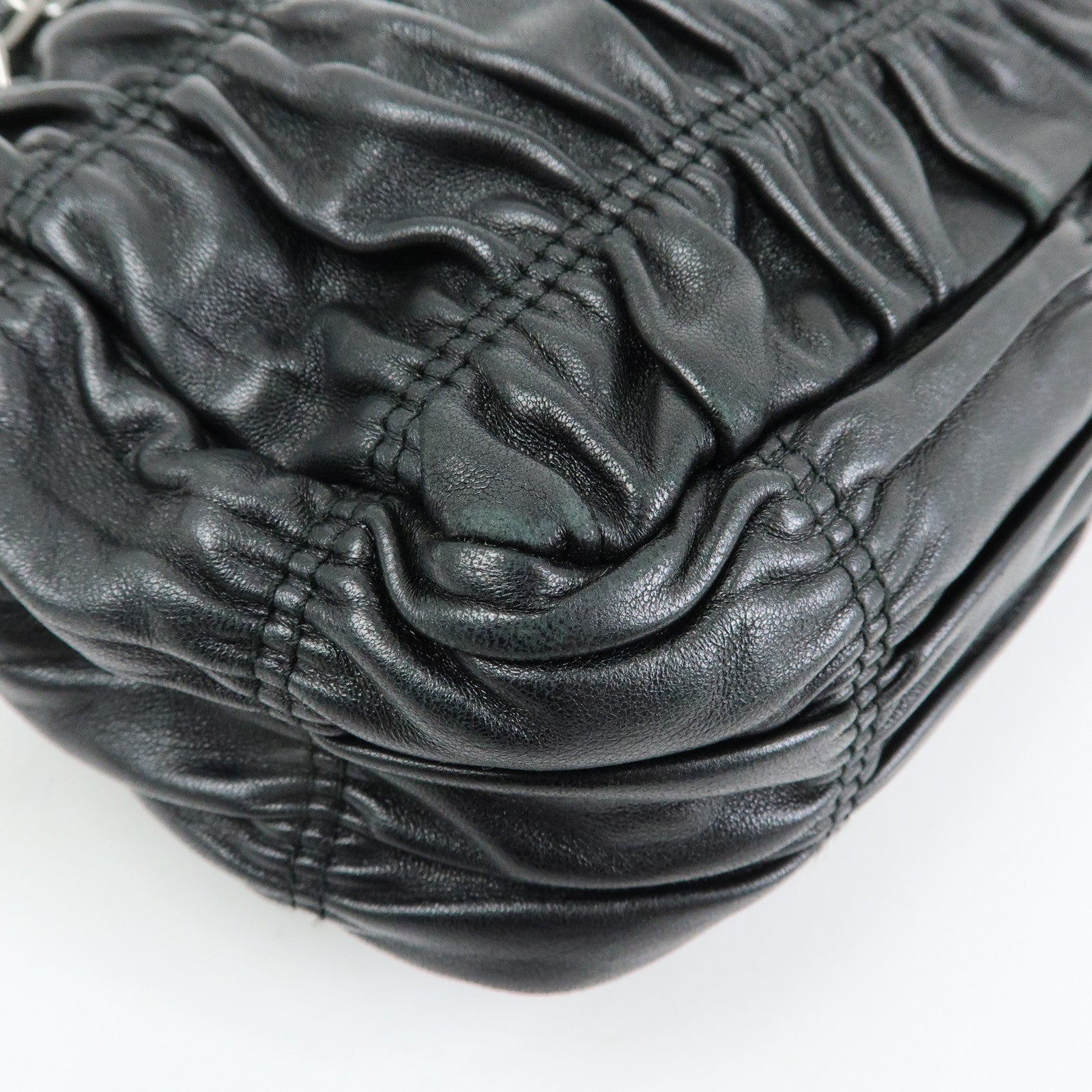 PRADA Logo Nappa Leather Gathered Chain Shoulder Bag Black