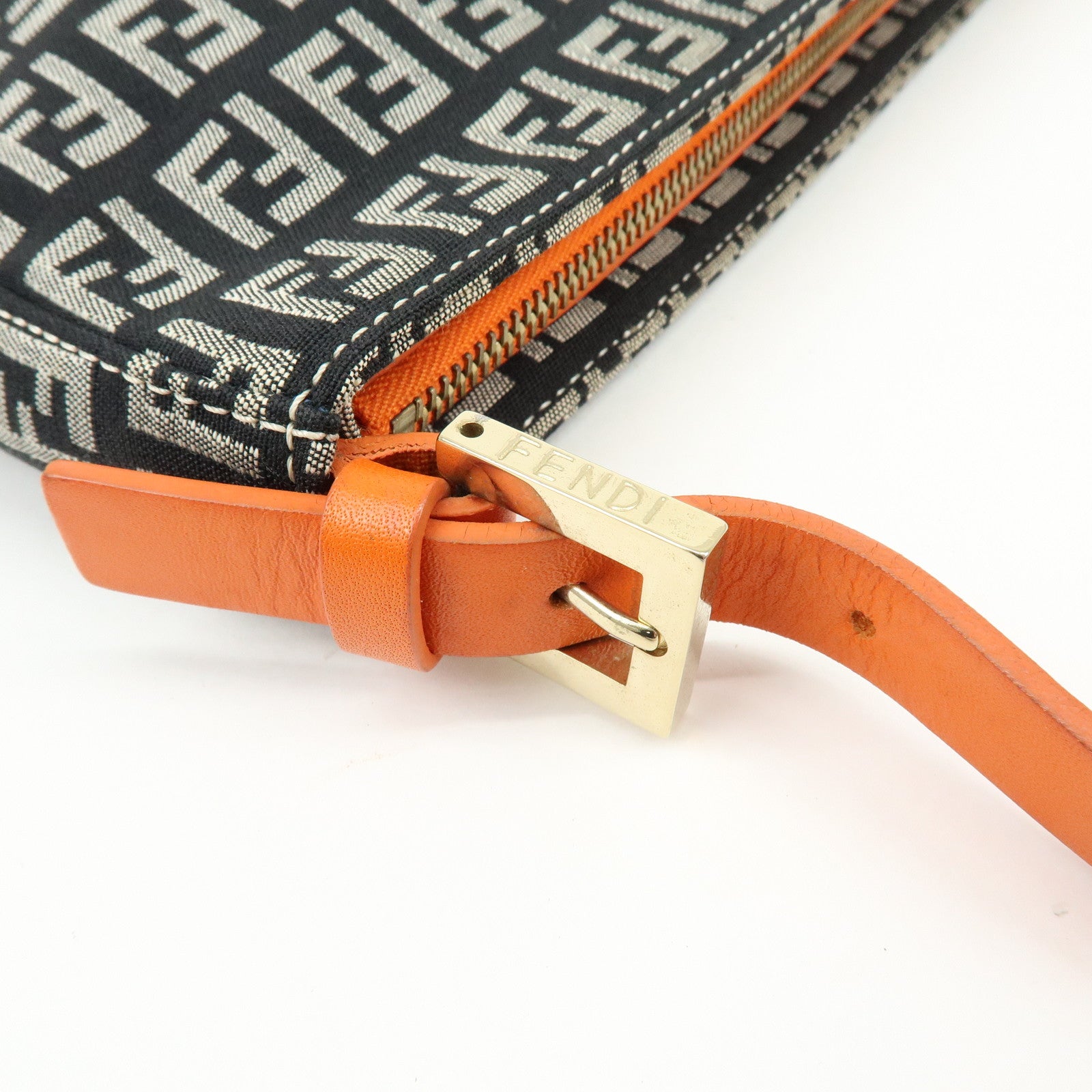 FENDI Zucchino Canvas Leather Shoulder Bag Black Orange 8BR042