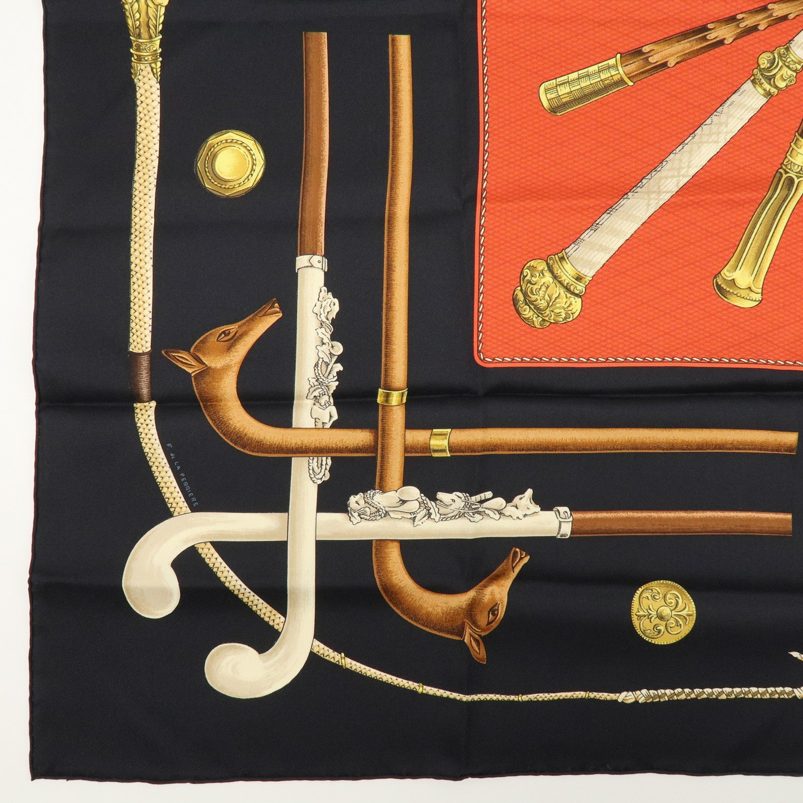 HERMES Carre 90 Silk 100% Scarf CANNES ET POMMEAUX Black Red Brown