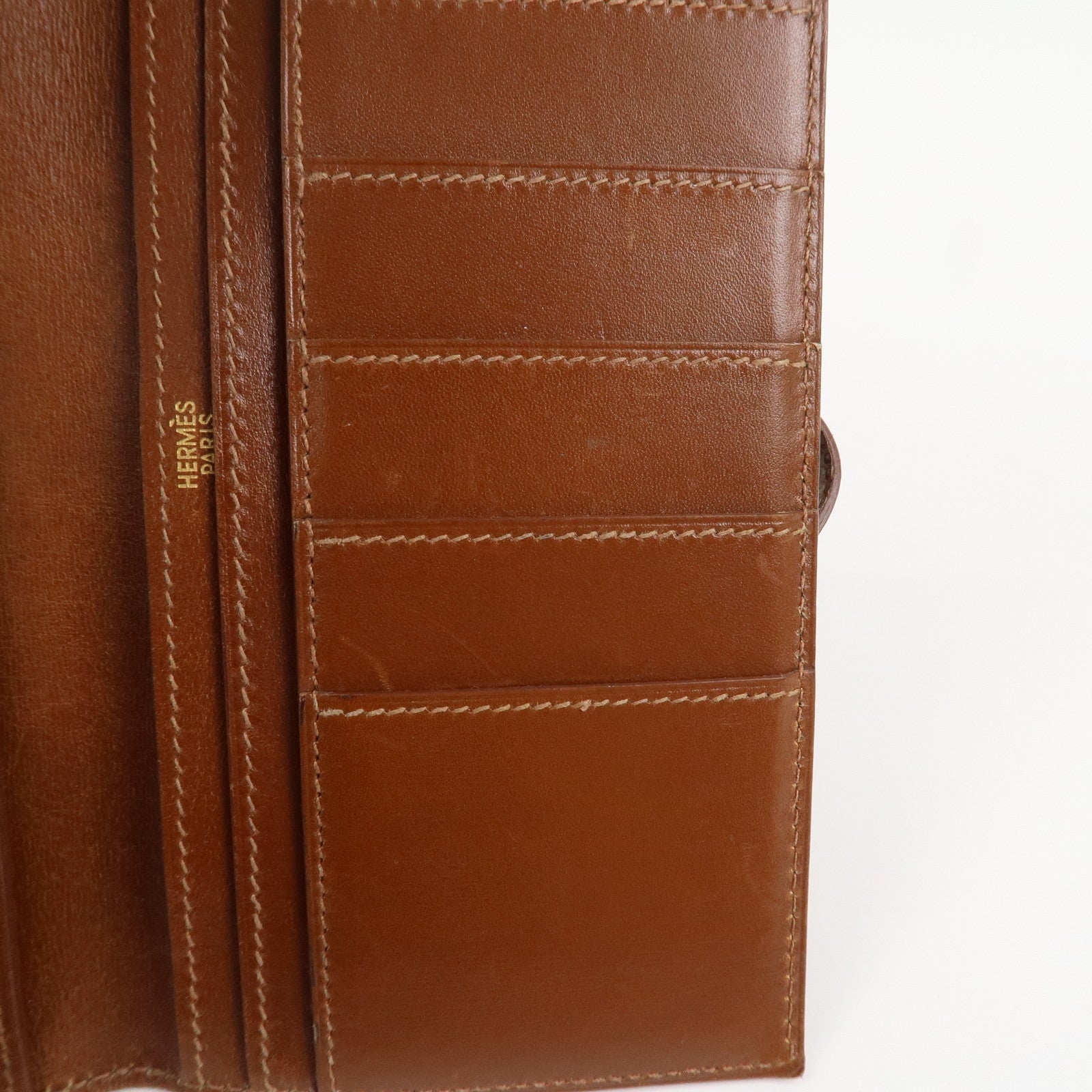 HERMES Bearn Classic Box Calf □O Stamped Bi-Fold Long Wallet Brown
