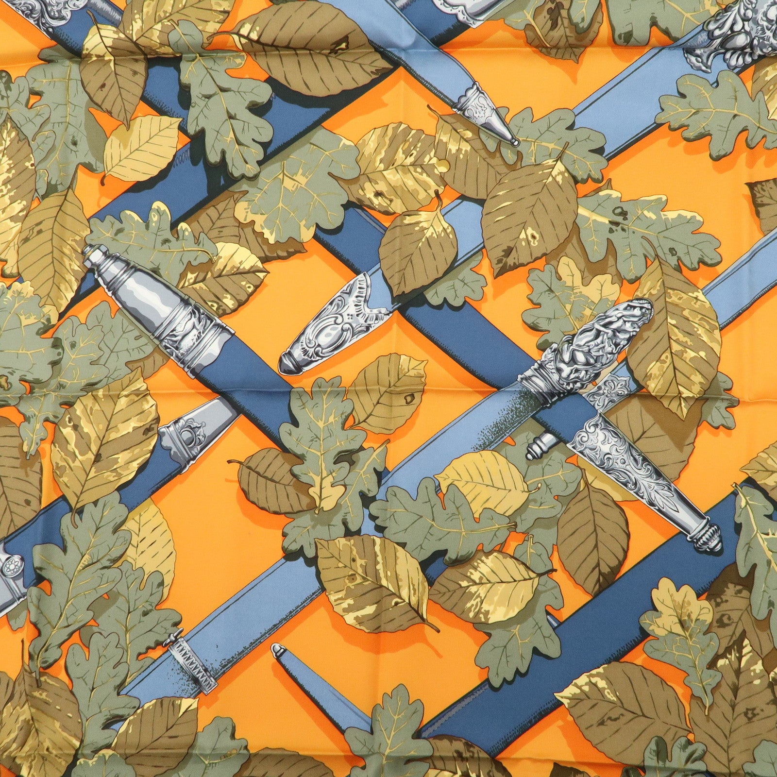 HERMES Carre90 Silk 100% Scarf AU PLUS DRU Khaki Orange Used