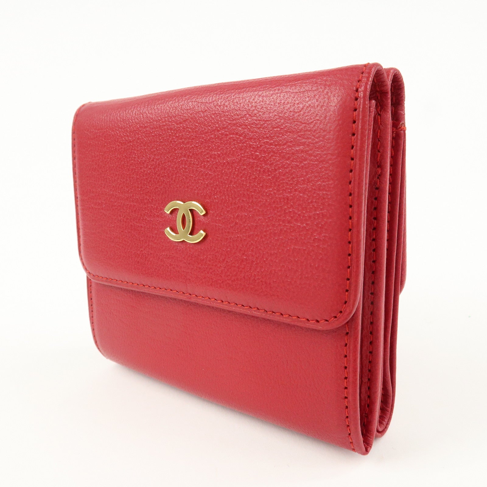 CHANEL COCO Mark Leather Tri-Fold Compact Wallet Red A13456 Used