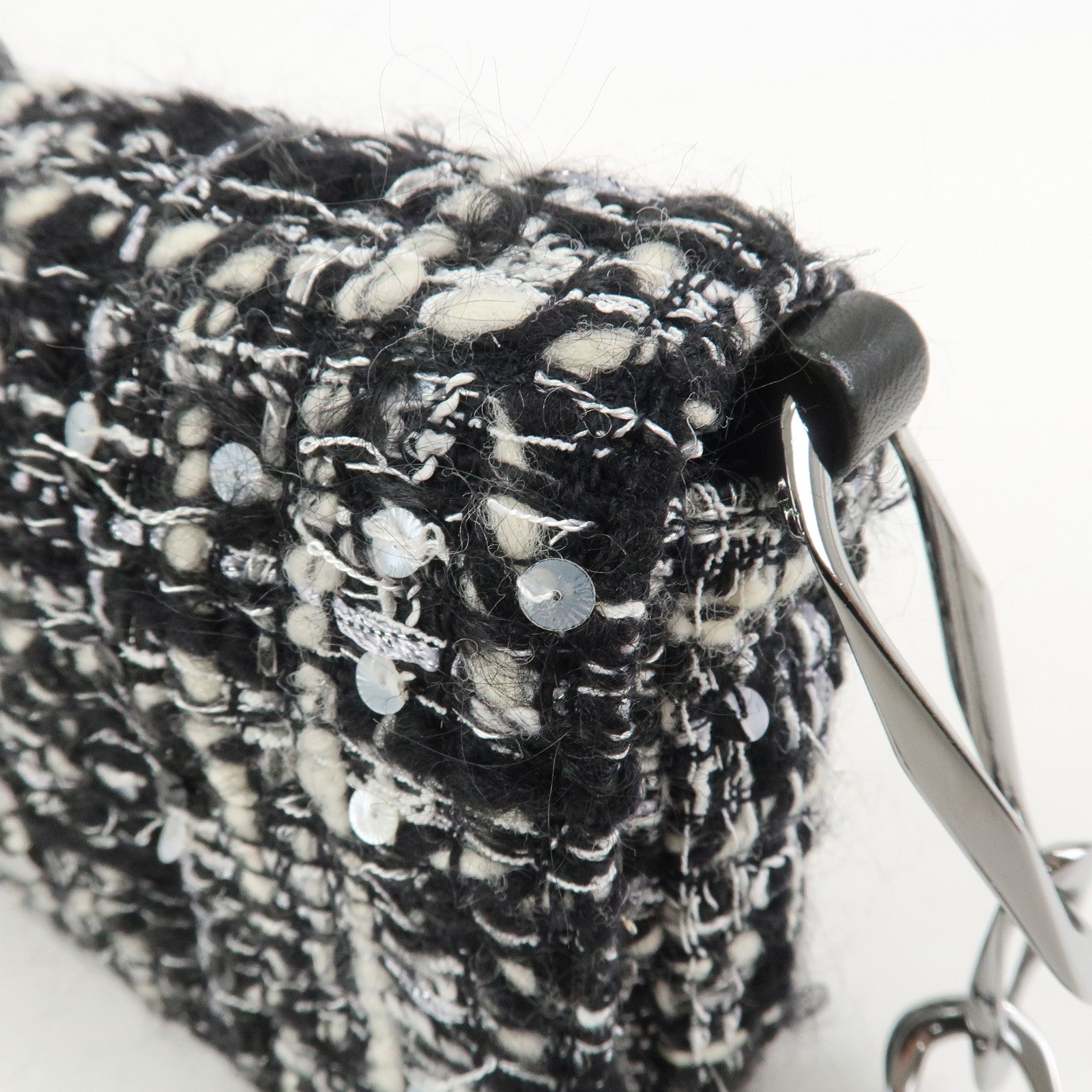 CHANEL Tweed Chain Shoulder Bag Hand Bag Black White 8645695