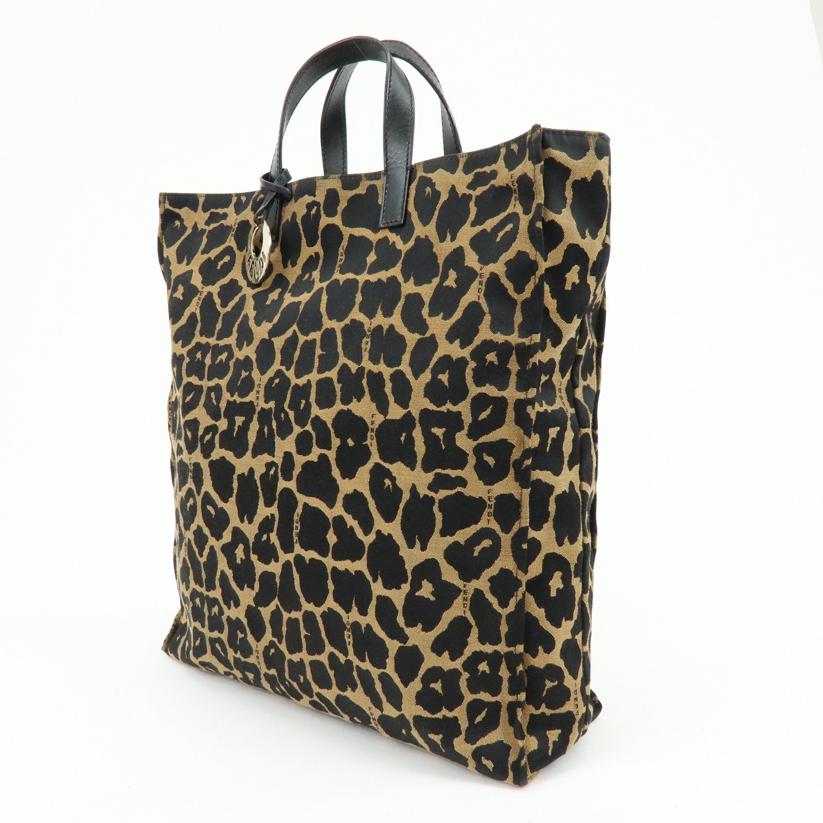FENDI Canvas Leather Tote Bag Hand Bag Leopard Brown Black 8BH173