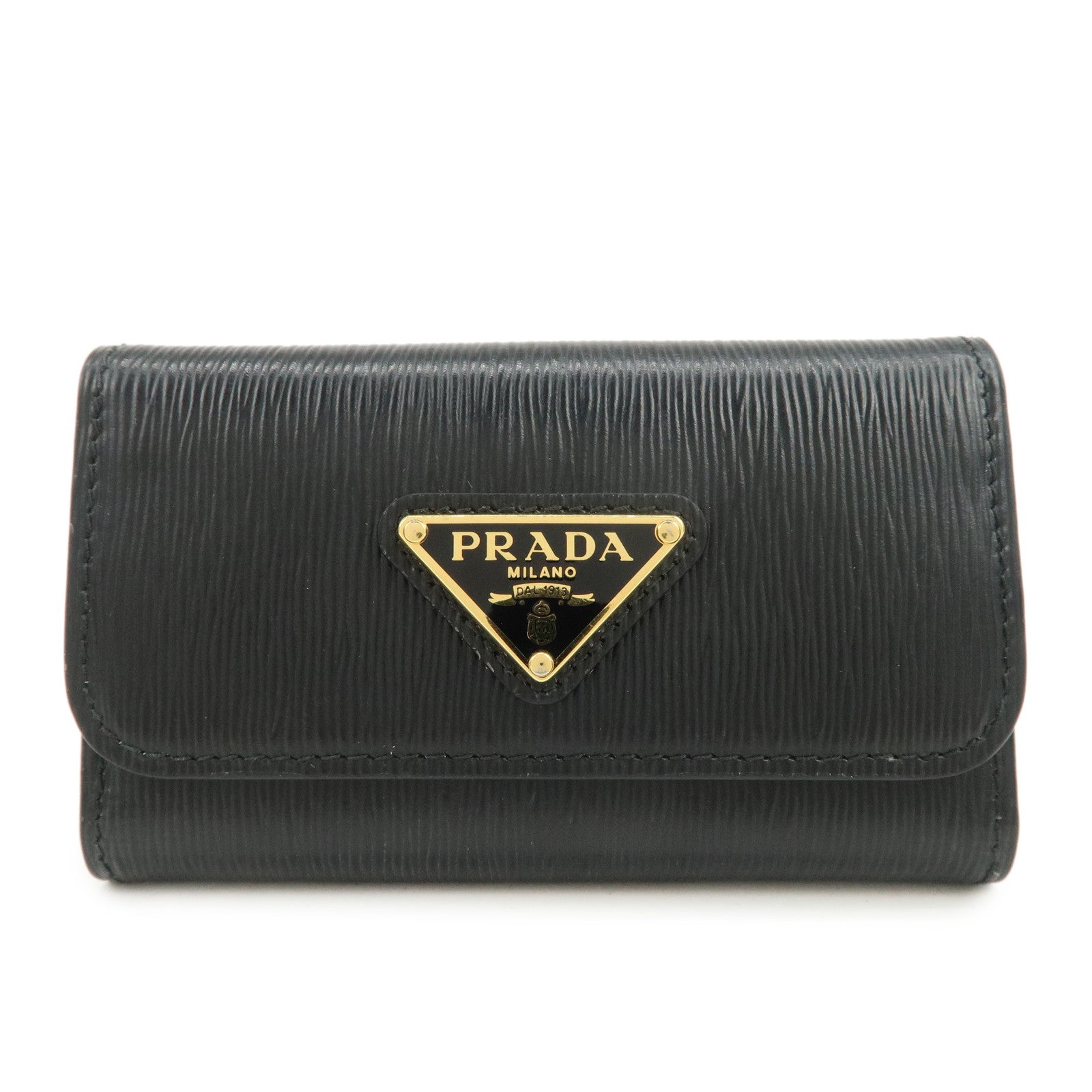 PRADA Triangle Logo Leather 6 Key Case Key Holder Black 1PG222