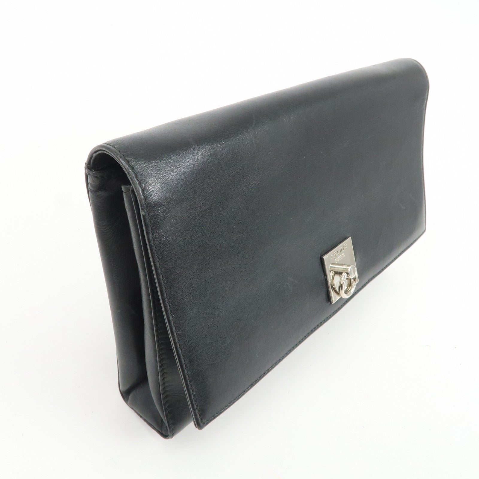 CELINE Logo Leather 2Way Bag Shoulder Bag Clutch Bag Black