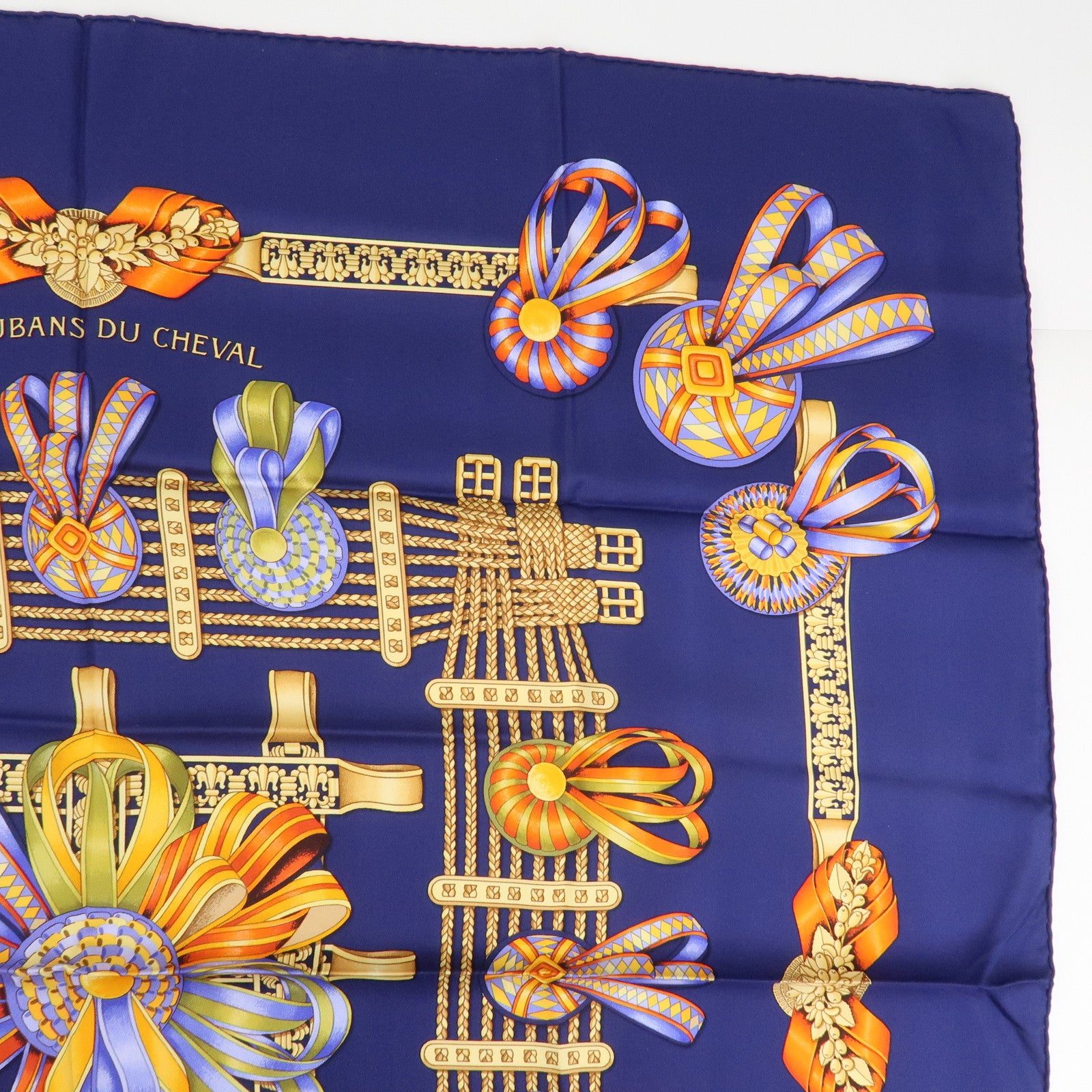 HERMES Carre 90 Silk 100% LES RUBANS DU CHEVAL Navy Used