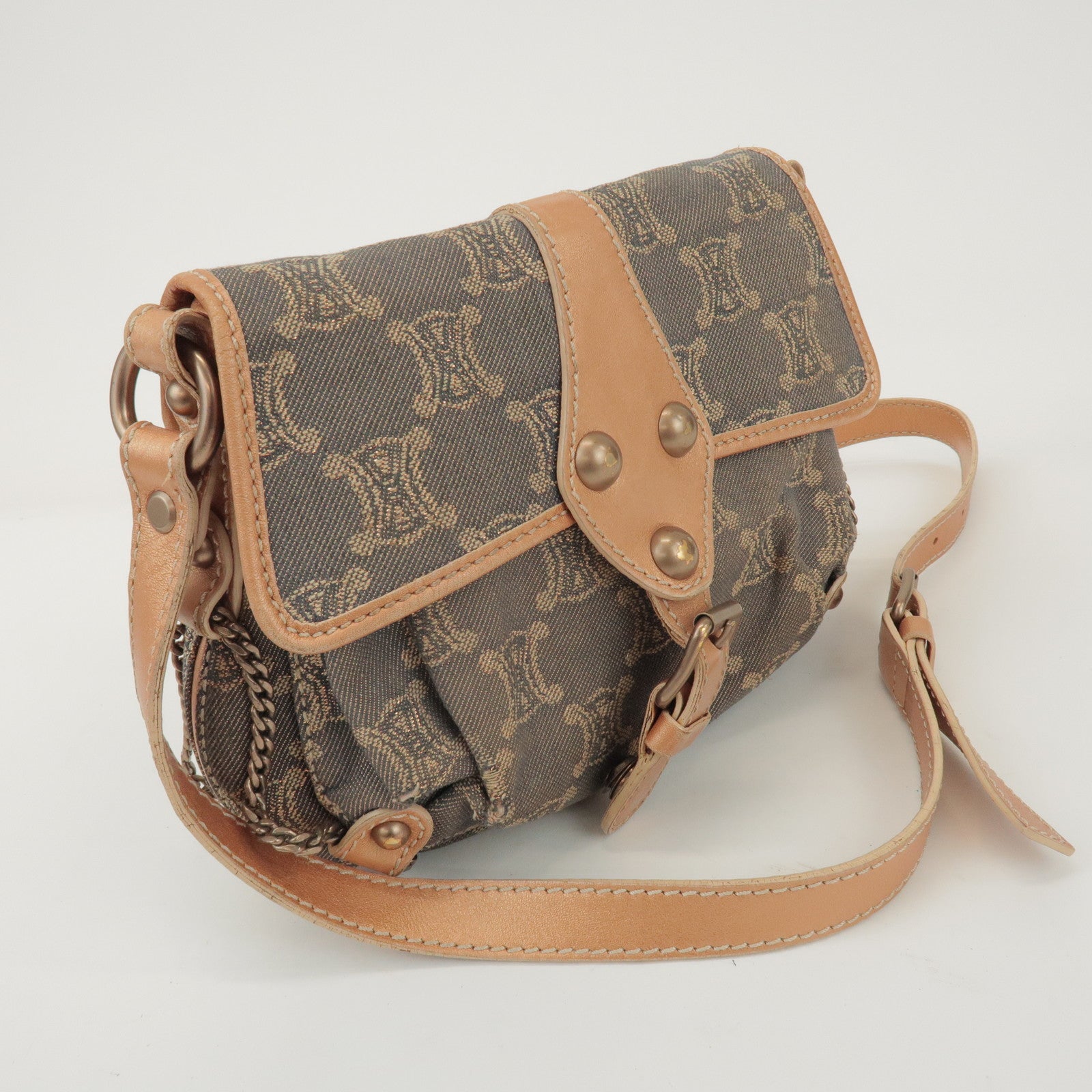 CELINE Macadam Denim Leather Shoulder Bag Metallic Pink Beige