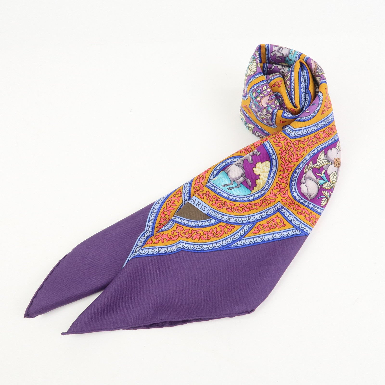 HERMES Carre 90 Silk 100% Scarf QALAMDAN Purple Orange