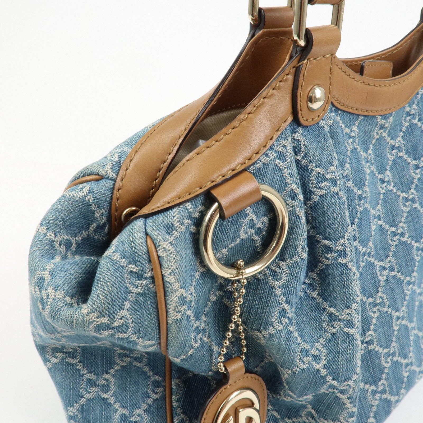 GUCCI Sukey GG Denim Leather Tote Bag Hand Bag Blue Brown 211944