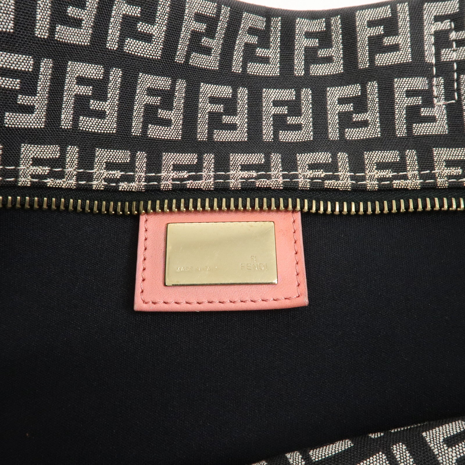 FENDI Zucchino Canvas Leather Tote Shoulder Bag Black Pink 8BH025