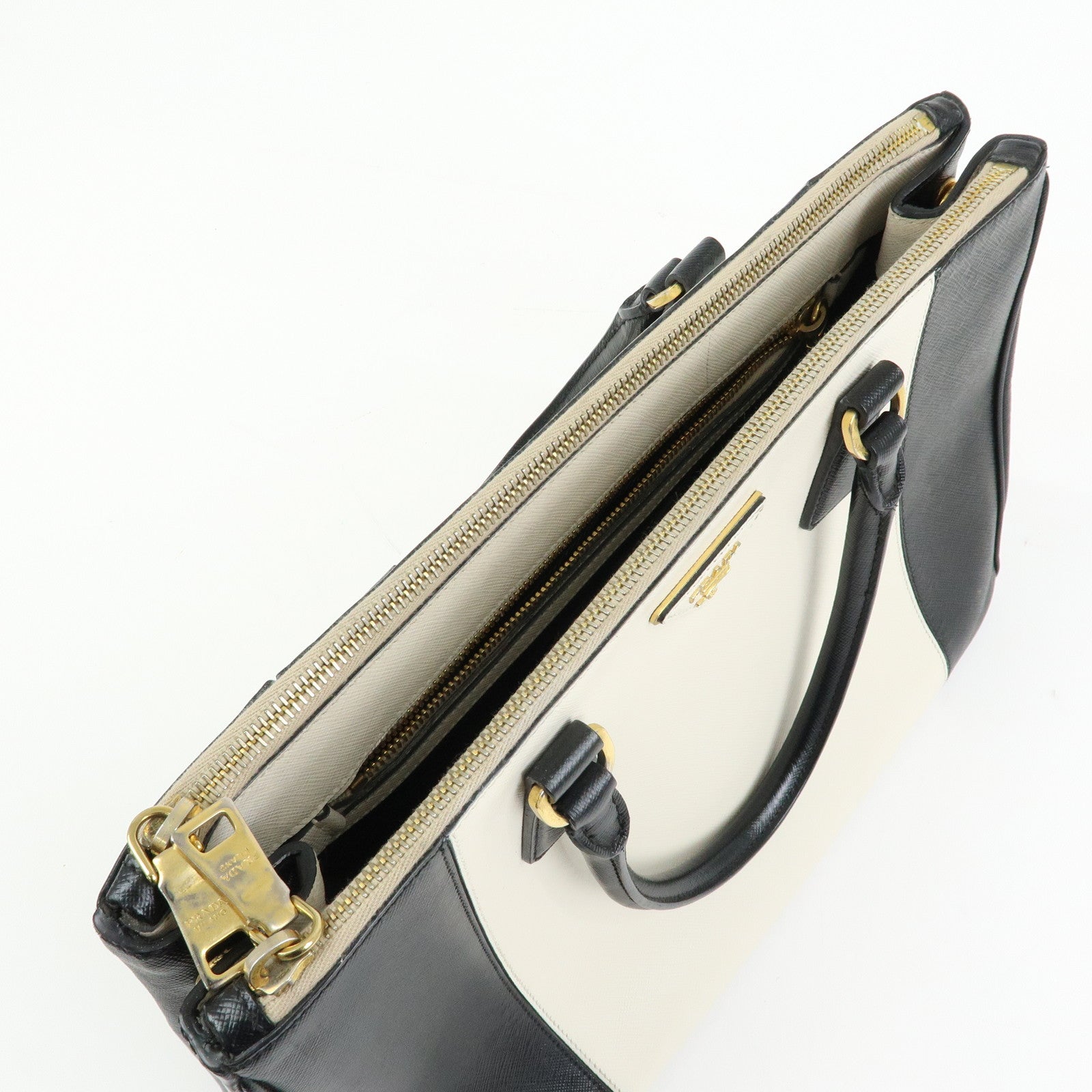 PRADA Triangle Logo Saffiano Leather Hand Bag Tote Bag Ivory Black